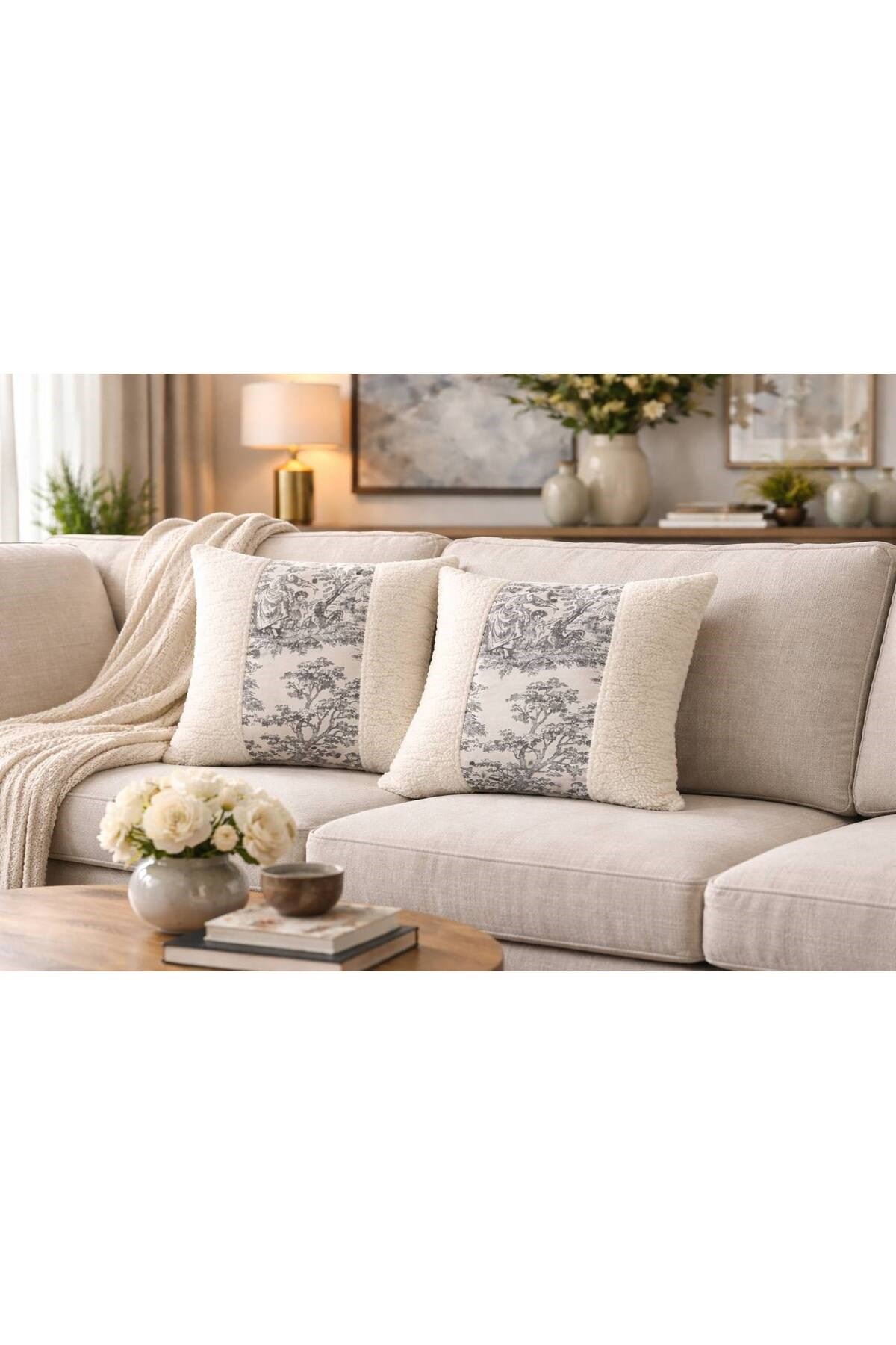 2 Li Fransız Köylü Deseni ve Peluşlu 43 x 43 Kirlent Kılıfı