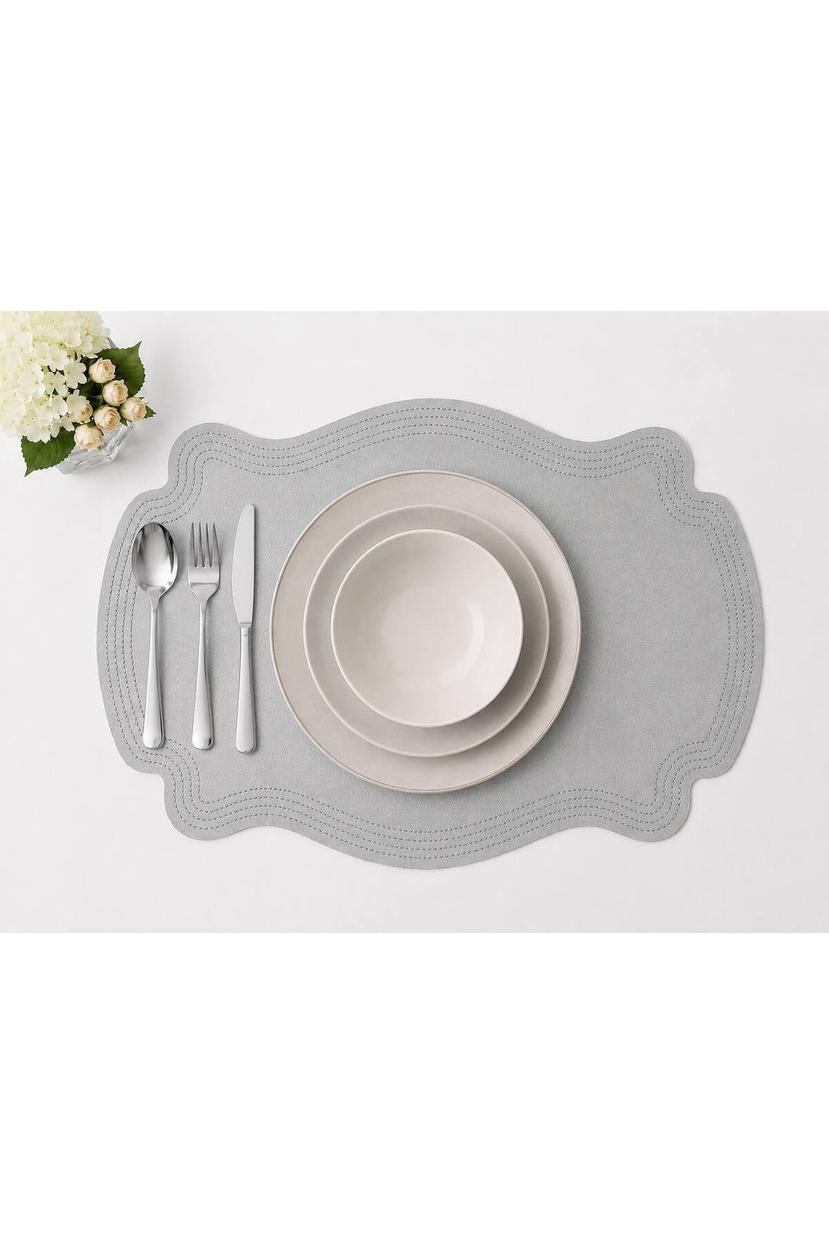 6 Kişilik Deri Nakışlı Amerikan Servis 33 x 45 cm & 6 Adet Bardak Altlığı Hediyeli