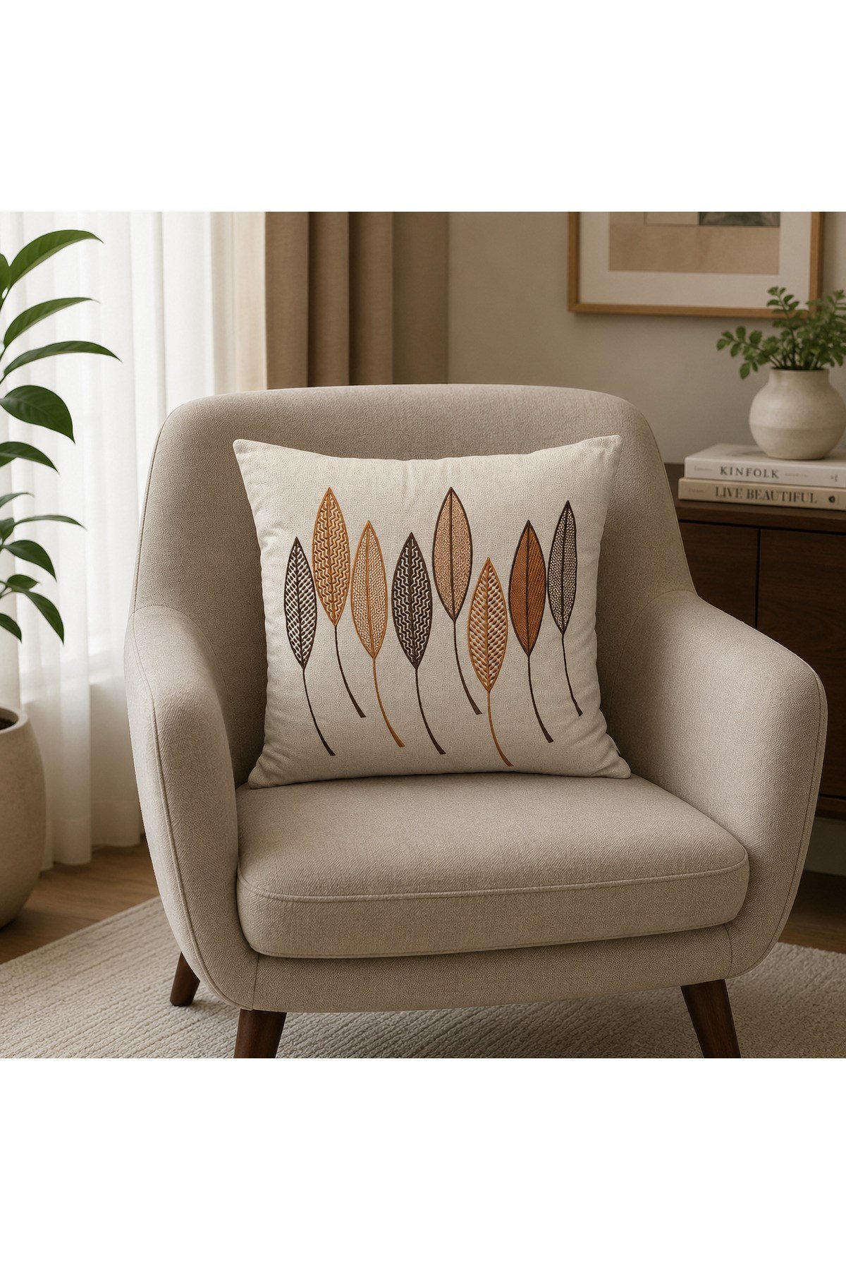 Modern Yaprak Desenli Nakışlı Kırlent Kılıfı – Salon ve Tekli Koltuk Dekoru 43 x 43