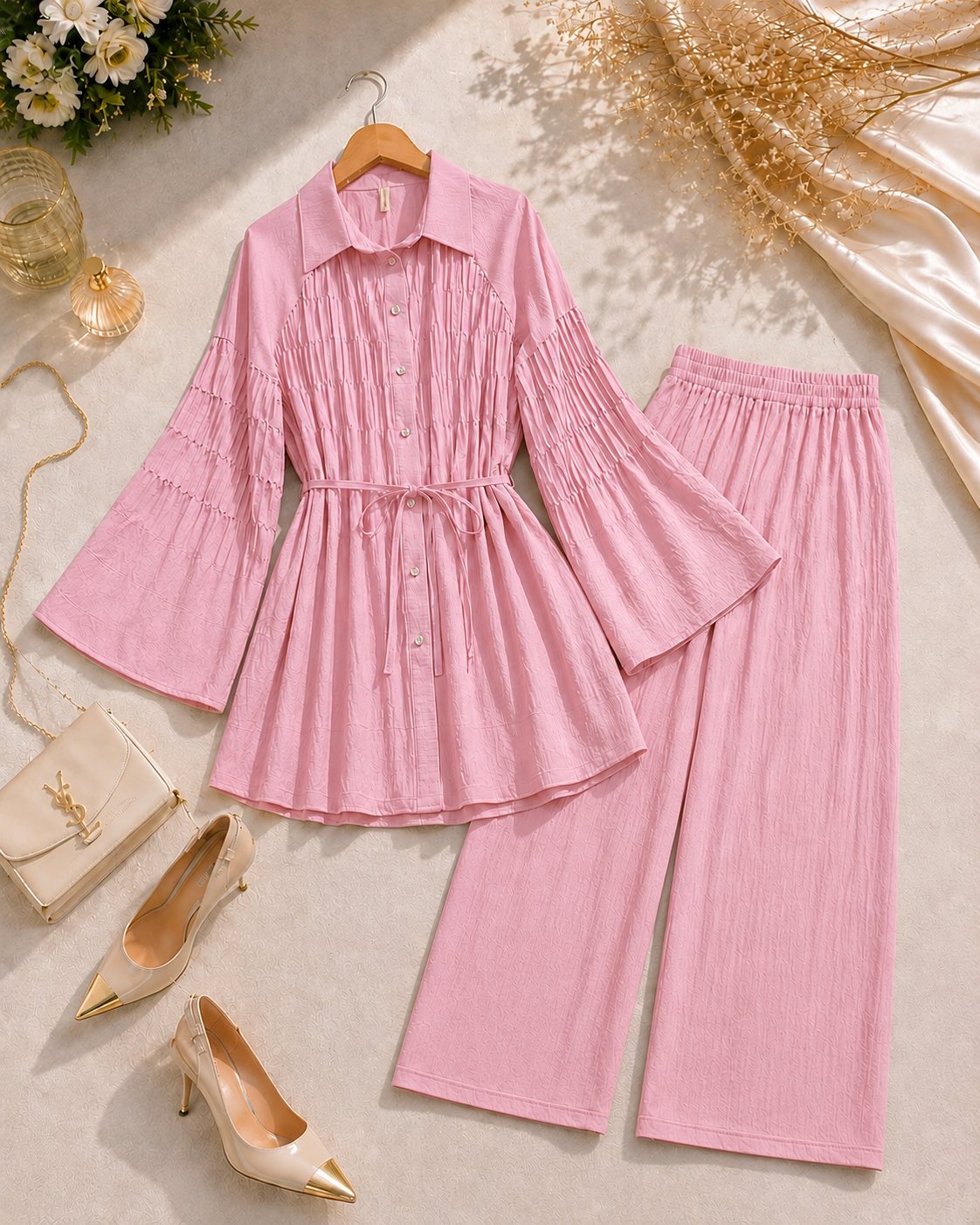  Önü Büzgülü Düğmeli Tunik ve Bol Paça Pantolon Takım - Pembe
