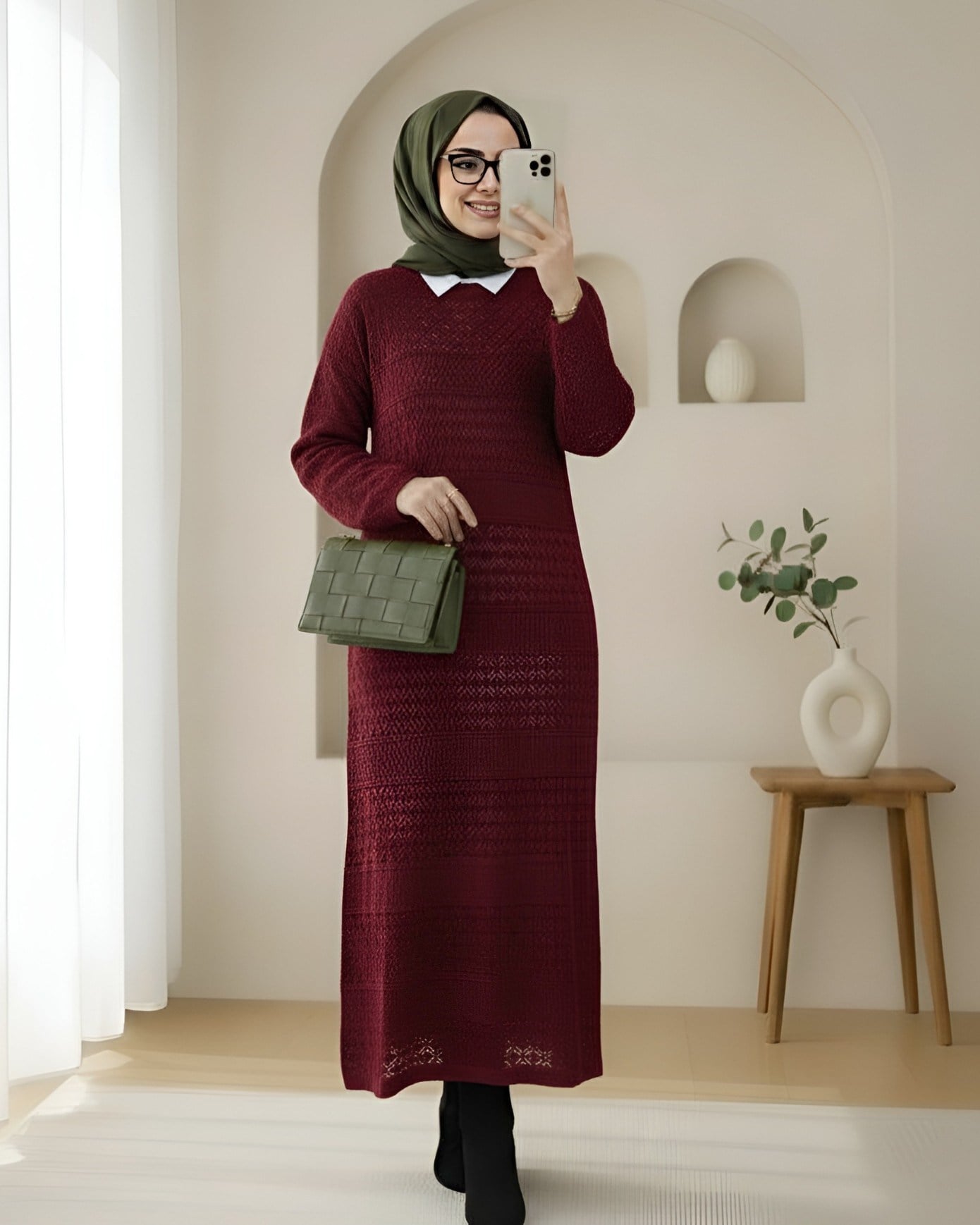Ajurlu Desenli Triko Elbise -Bordo