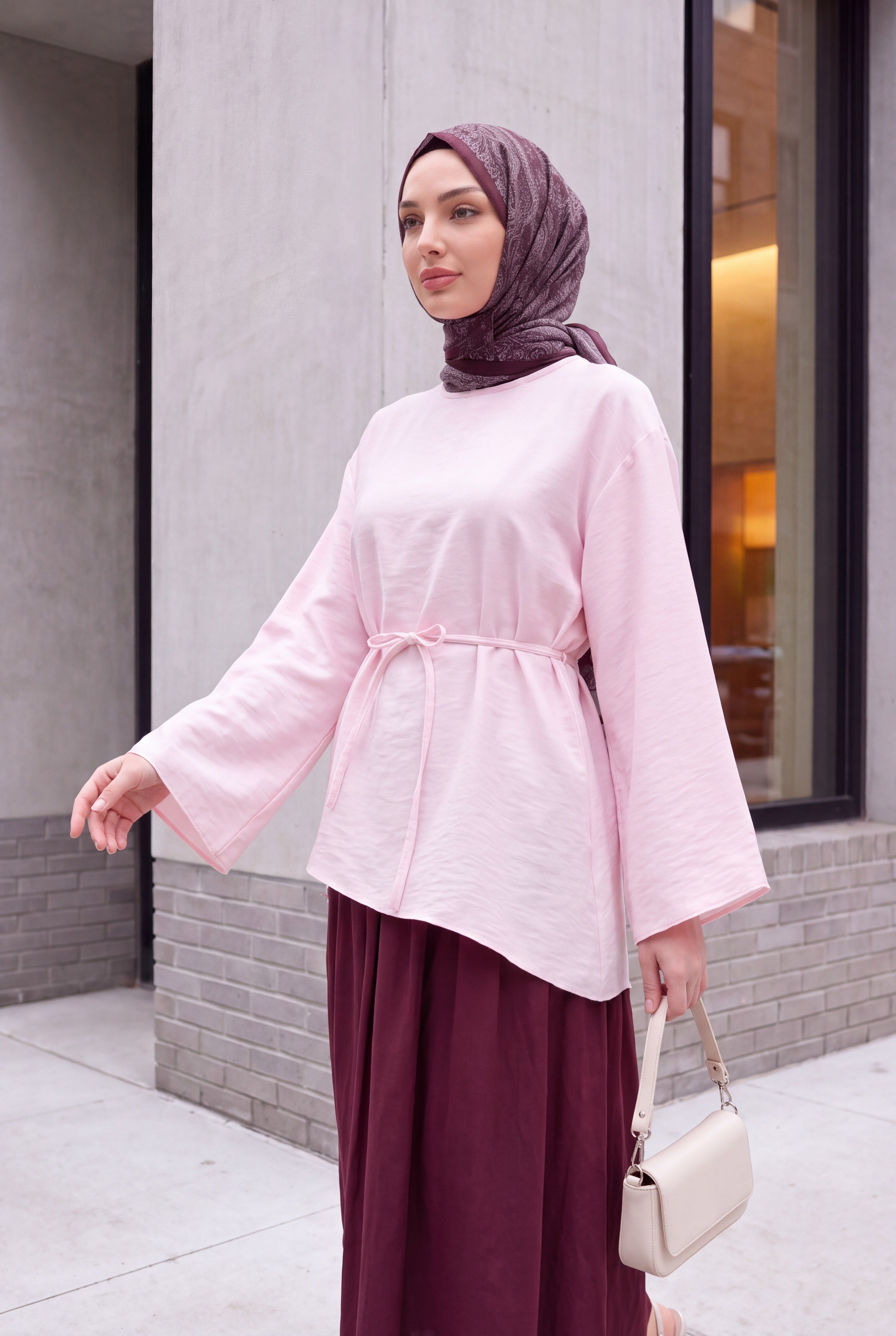 Asimetrik Kesim Beli Bağcıklı Oversize Modal Tunik  -Pudra
