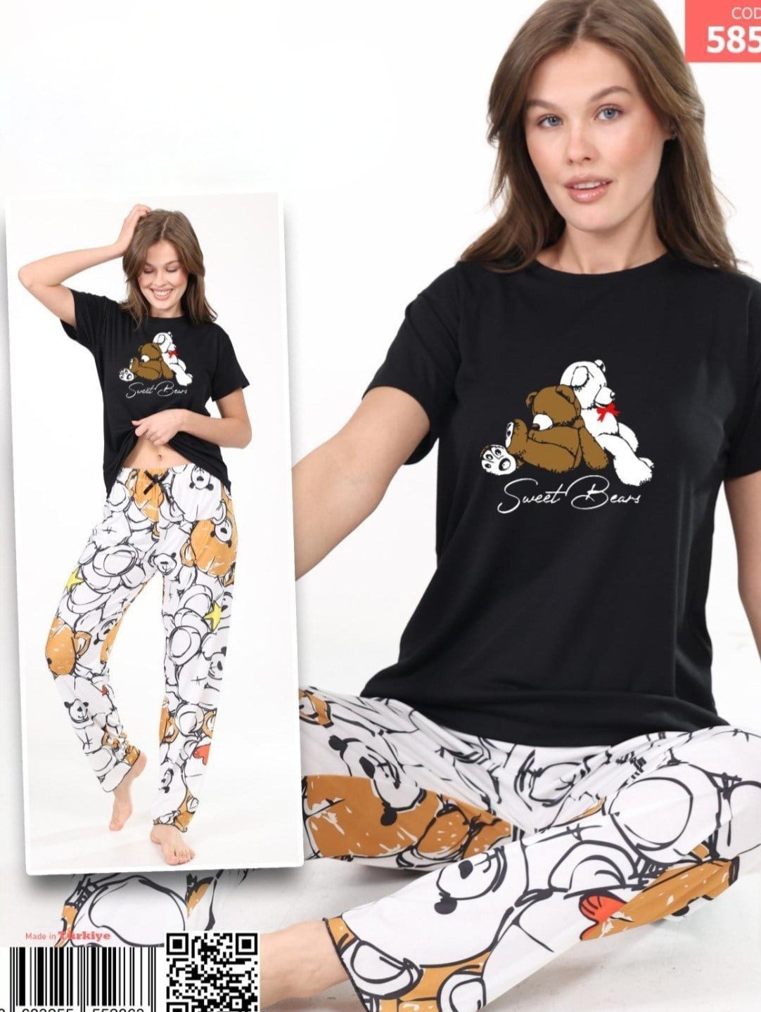 Ayıcık Desenli Kısa Kollu Pijama Takım -Siyah
