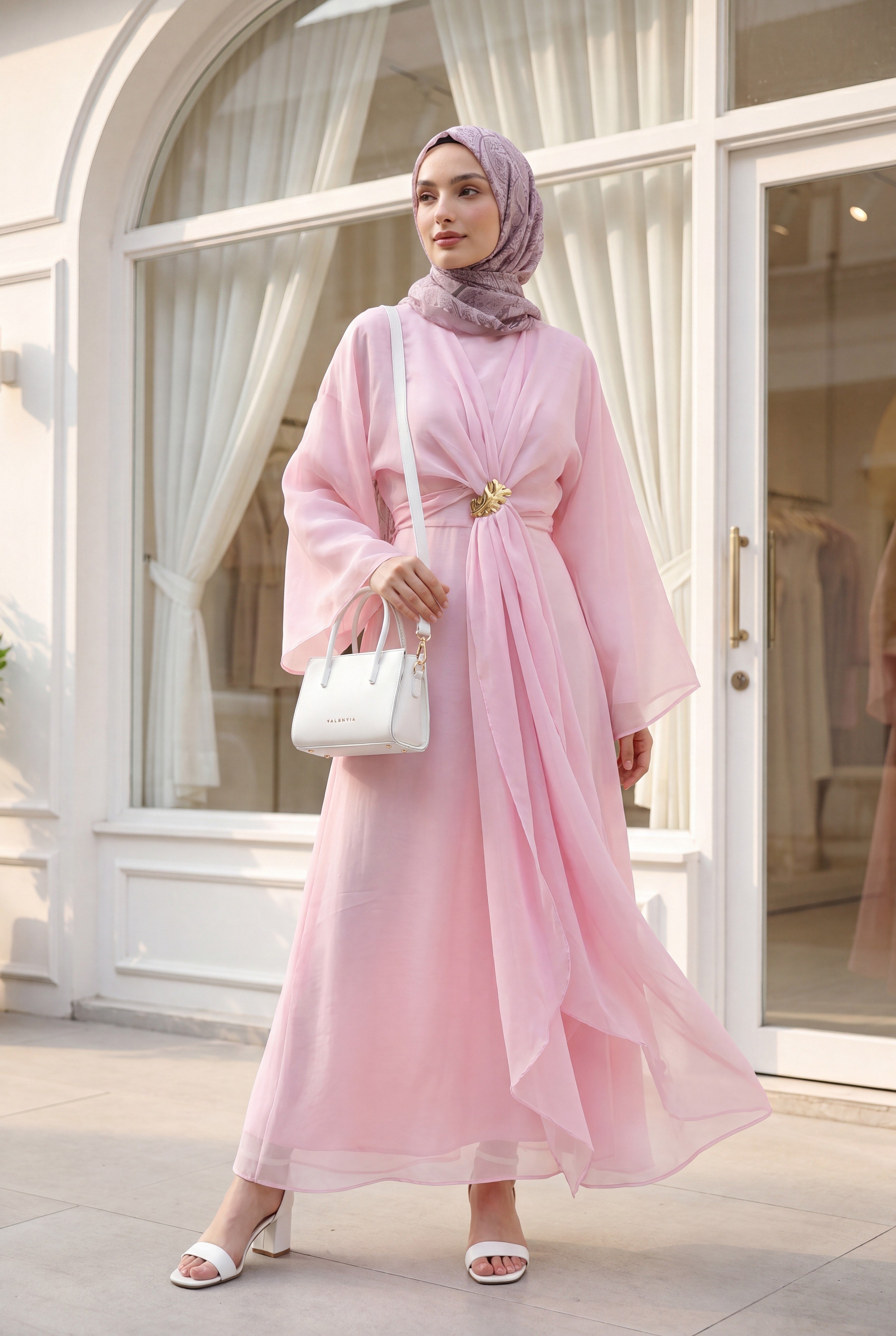 Bağlamalı Bolerolu Astarlı Uzun Tül Modal Elbise -Pembe