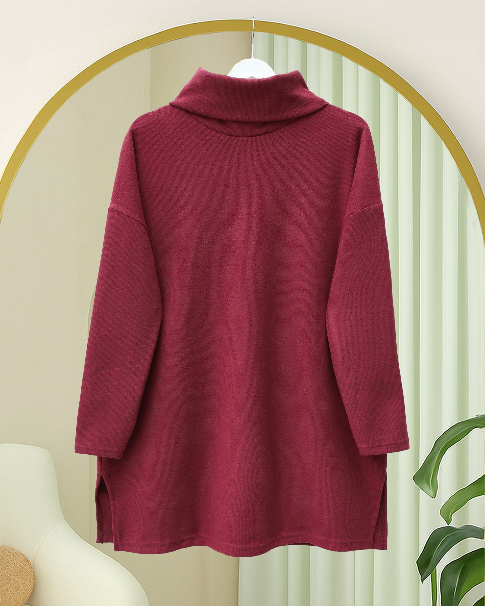 Balıkçı Yaka Yırtmaçlı Selanik Tunik  -Bordo