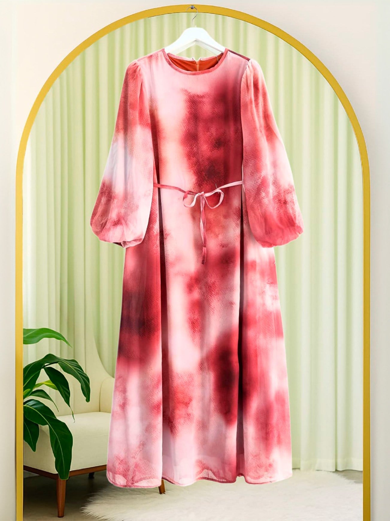 Batik Baskılı Astarlı Şifon Elbise  -Bordo