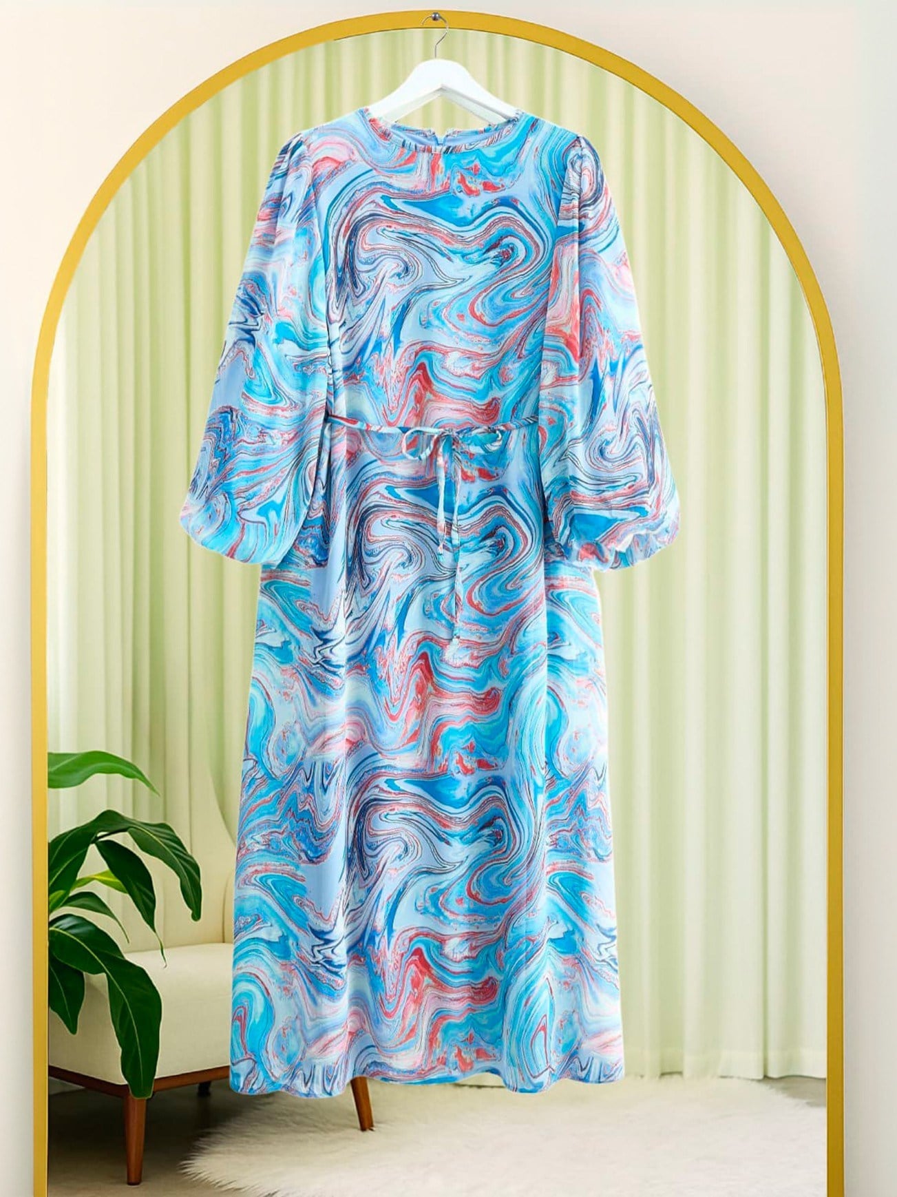 Batik Baskılı Astarlı Şifon Elbise -Mavi
