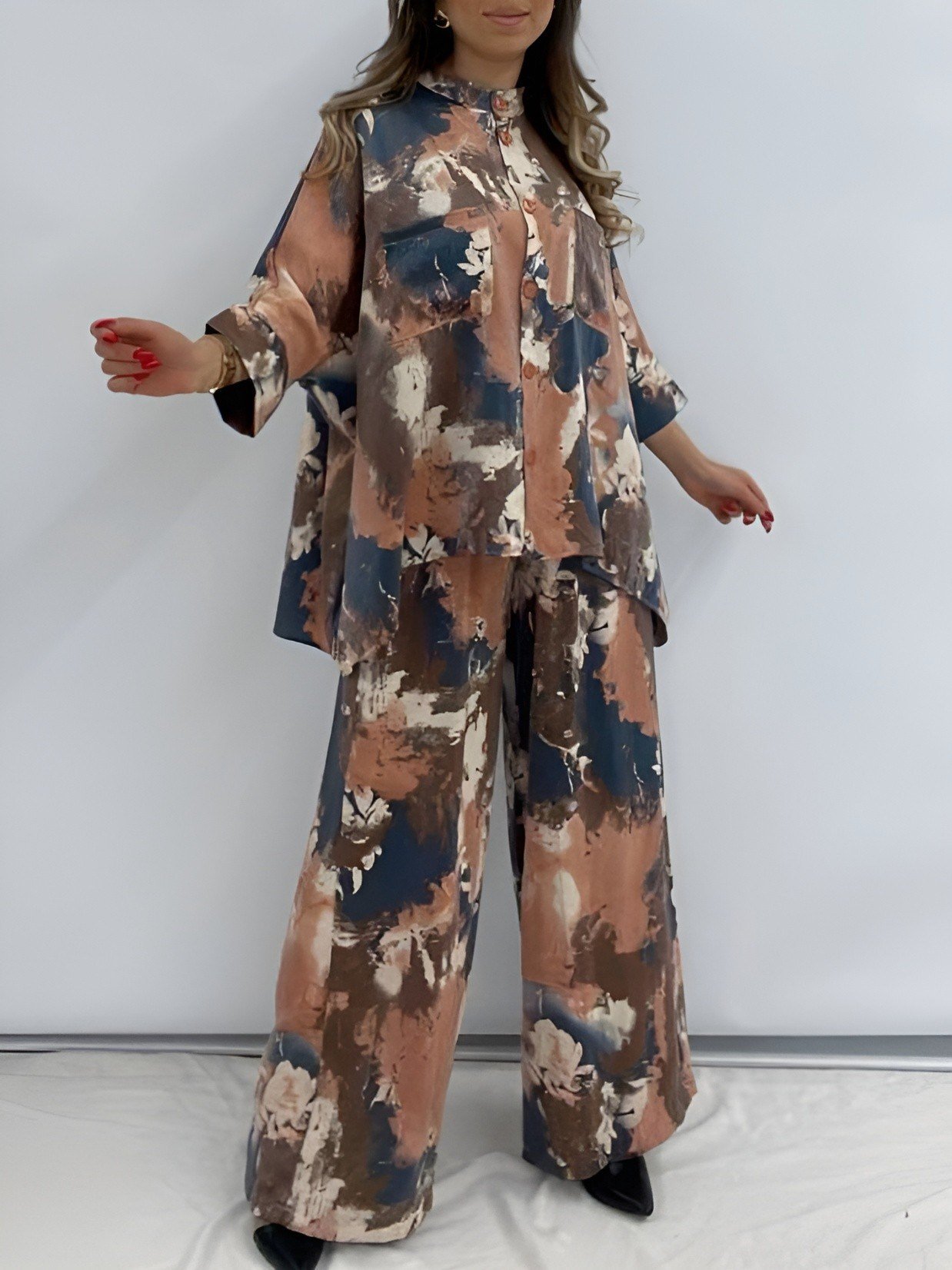 Batik Baskılı Mikro Simli Salaş Takım -Nar Çiçeği