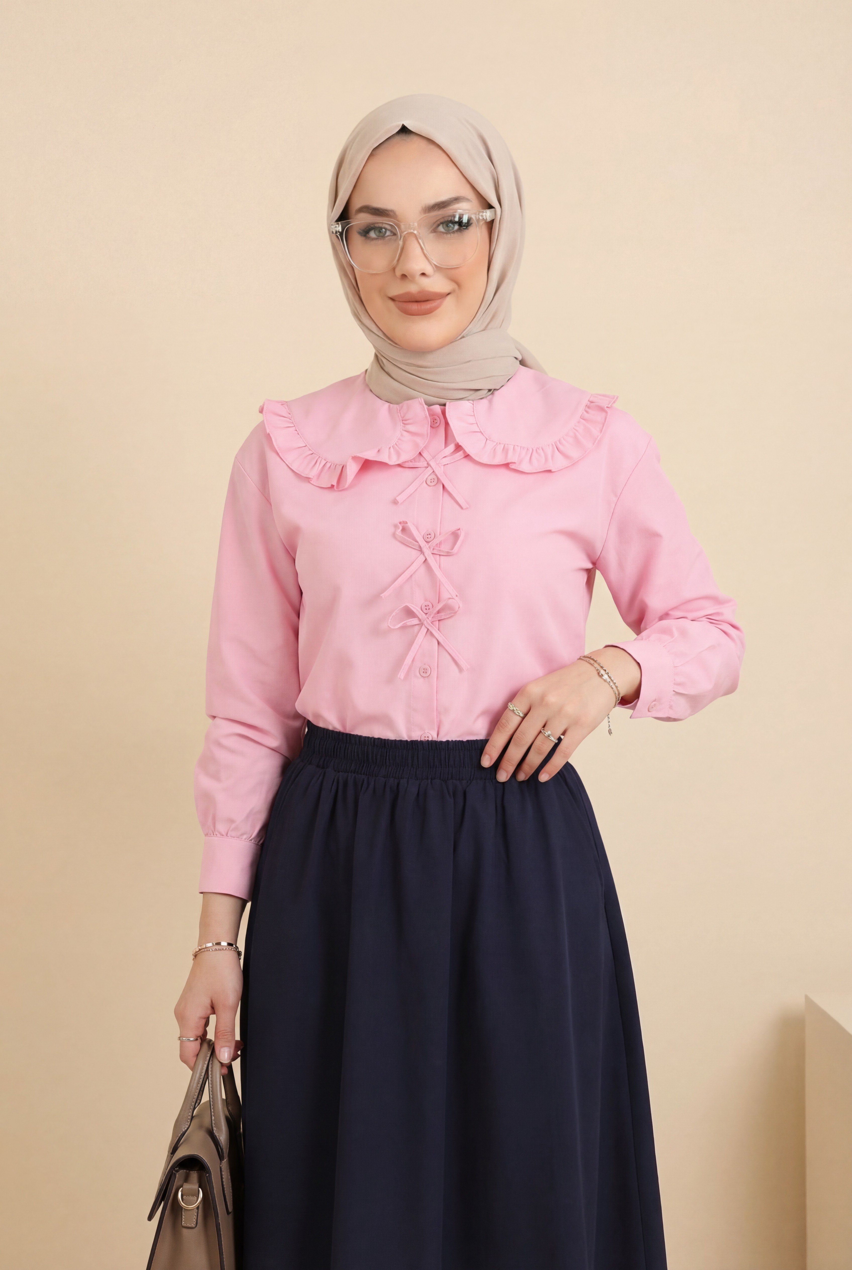 Bebe Yaka Kurdele Detaylı Gömlek     -Pembe
