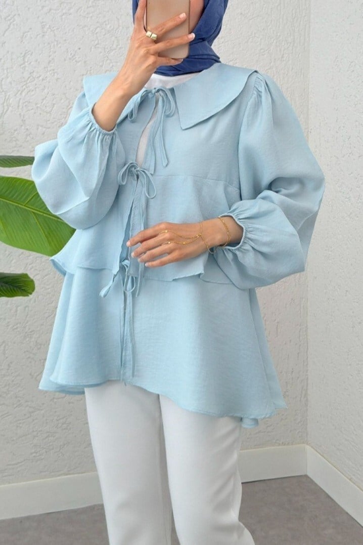 Bebe Yaka Önü Bağcıklı Eteği Katlı Kimono -Bebe Mavi