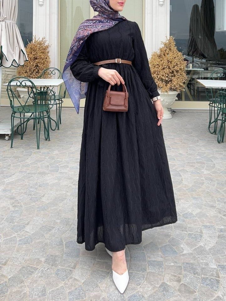 Belden lastikli Maşeti Bağcıklı Elbise (Kemersiz) -Siyah
