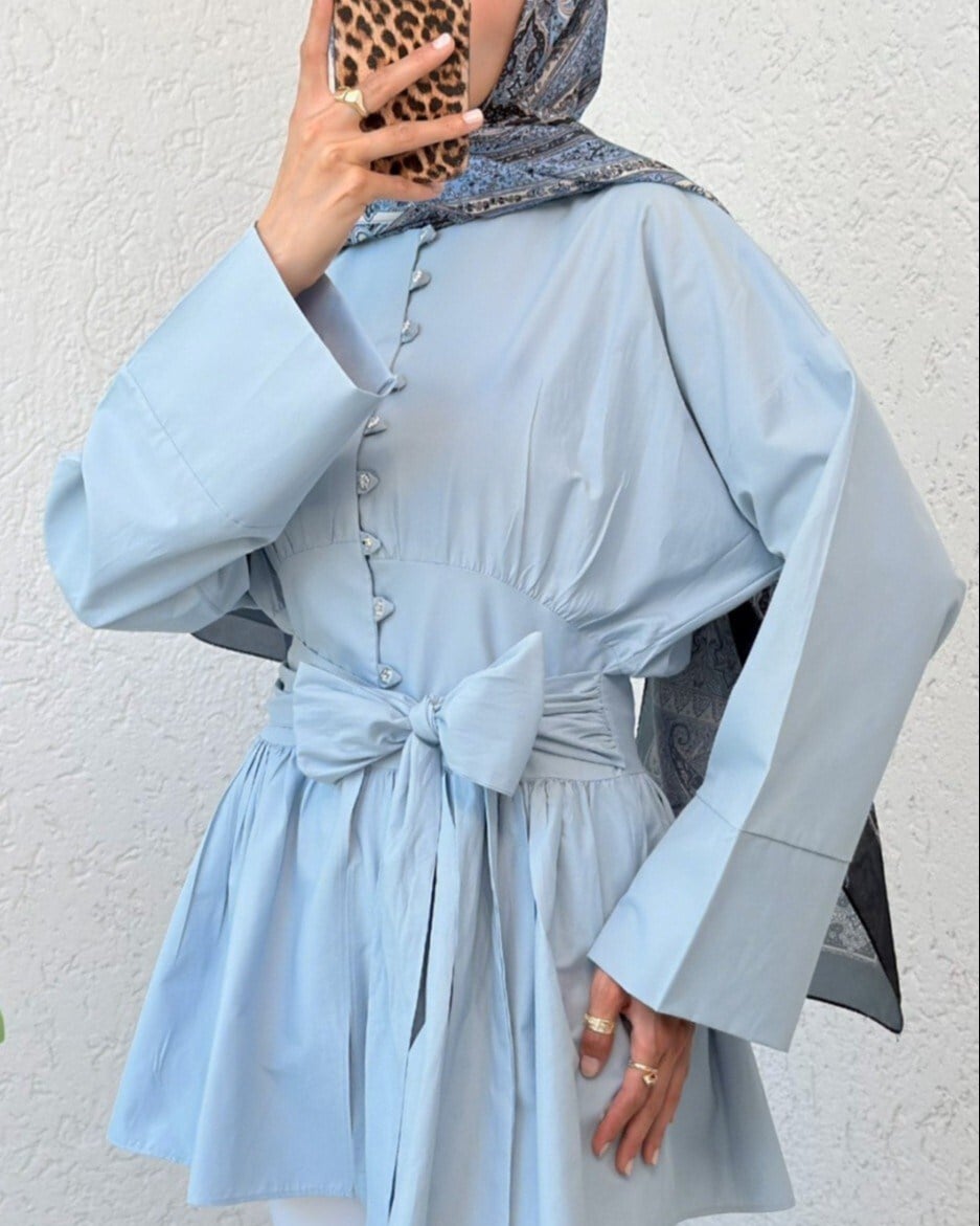 Beli Bağcıklı Boydan Taş Düğmeli Tunik -Bebe Mavi