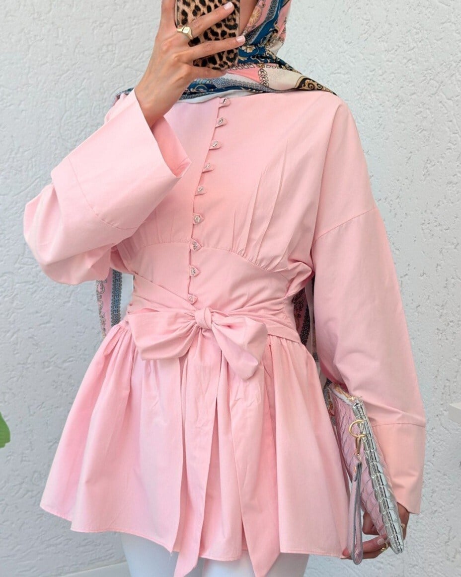 Beli Bağcıklı Boydan Taş Düğmeli Tunik -Pembe