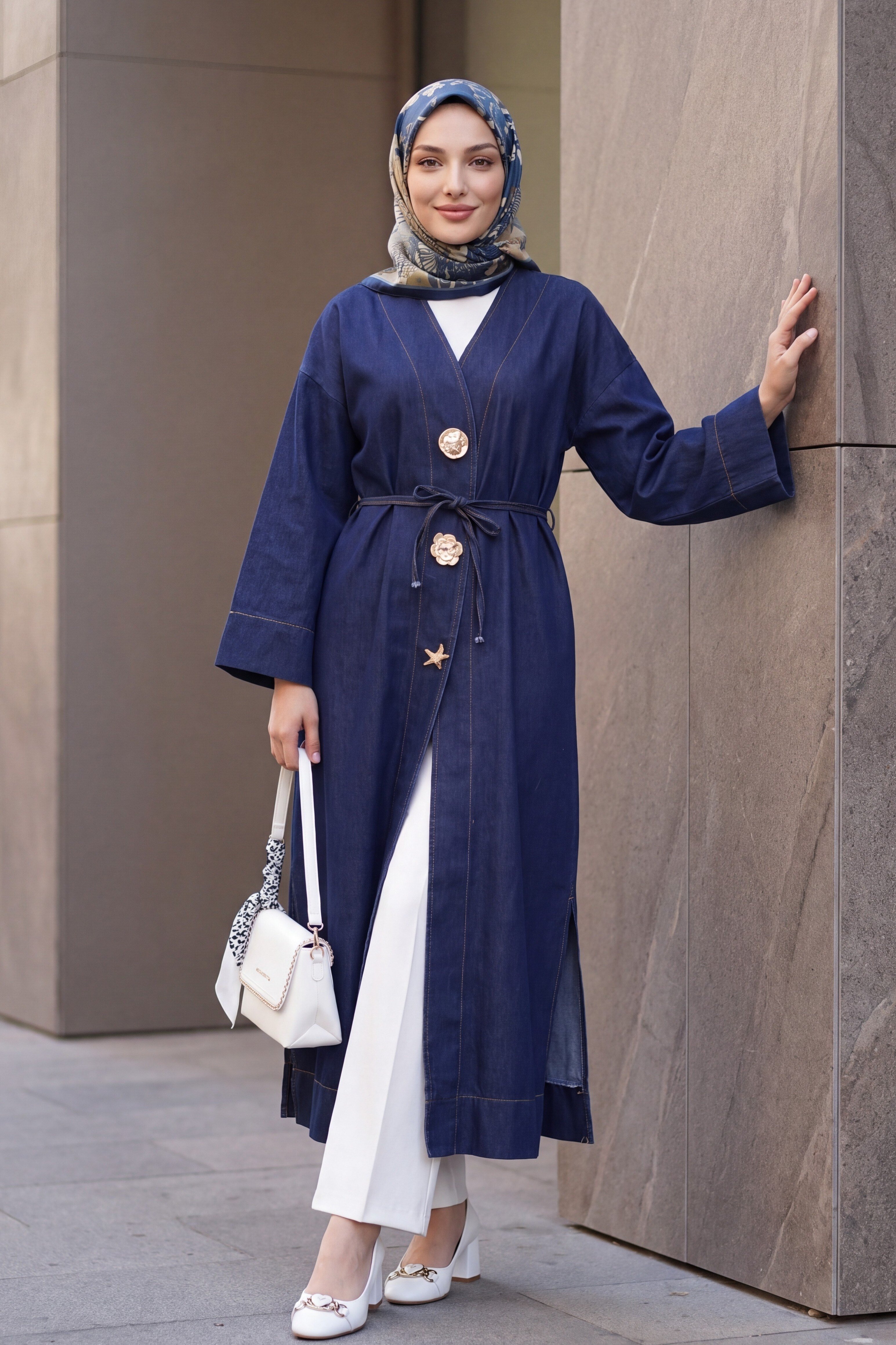 Beli Bağcıklı Broşlu Yırtmaçlı Uzun Kot Kimono -Koyu Lacivert