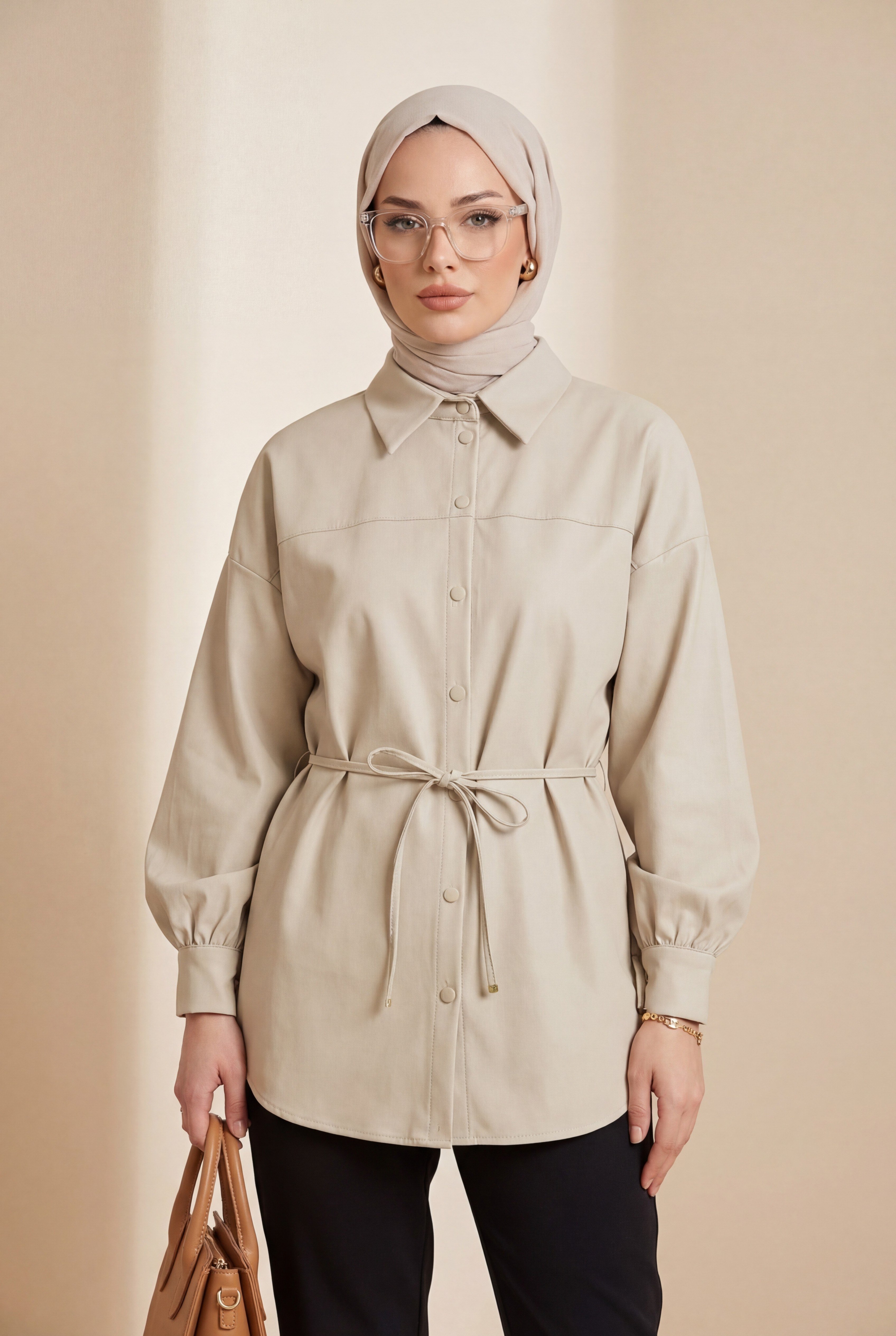 Beli Bağcıklı Düğmeli Oversize Modal Tunik -Bej