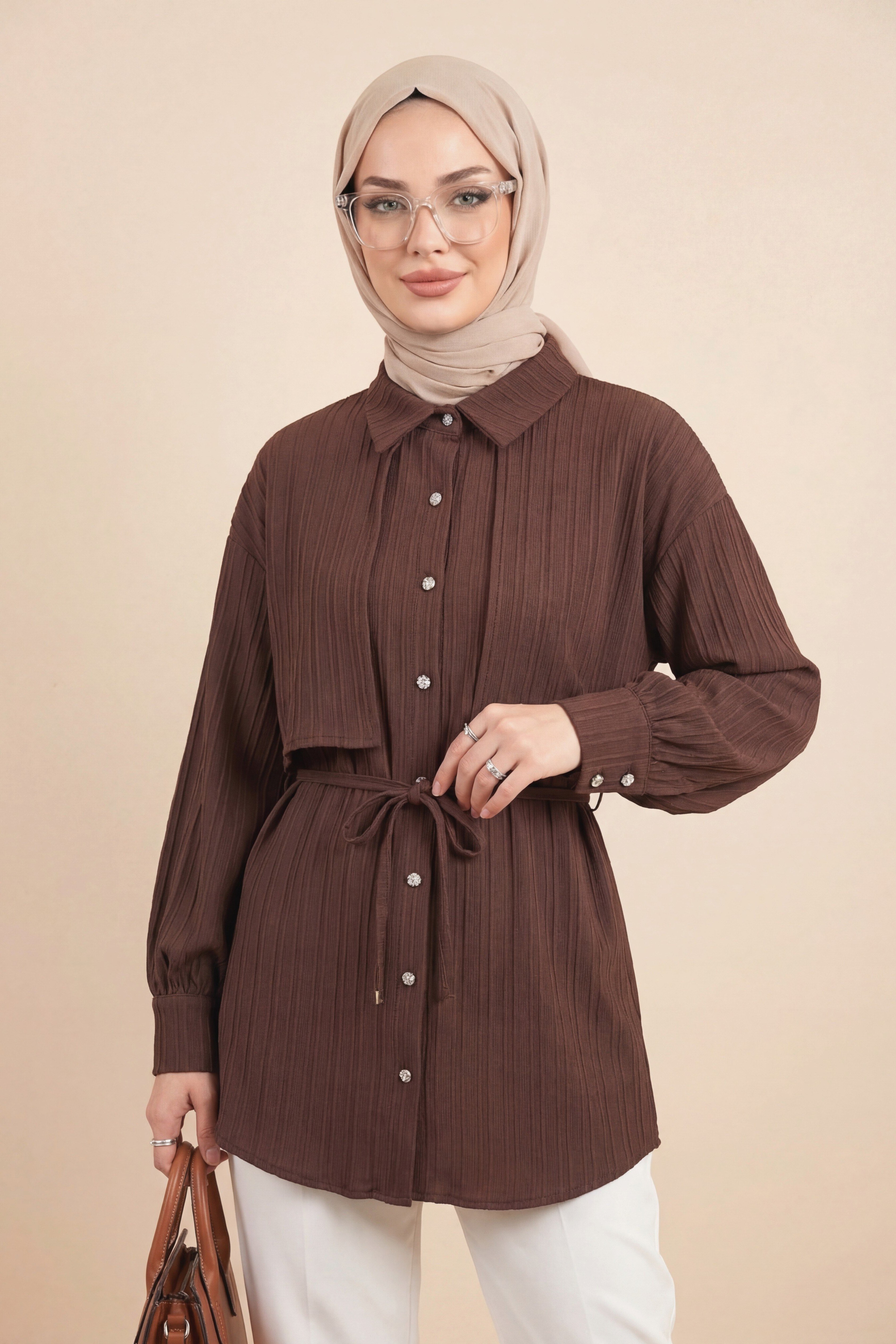 Beli Bağlamalı Bolero Detaylı Taşlı Düğmeli Gömlek  -Koyu Kahverengi