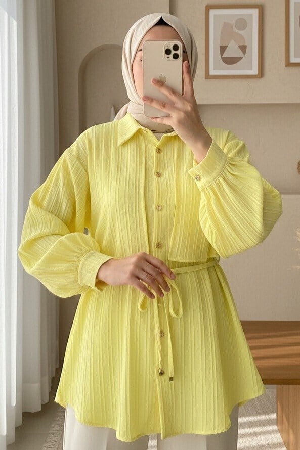Beli Bağlamalı Bolero Detaylı Taşlı Düğmeli Gömlek -Sarı