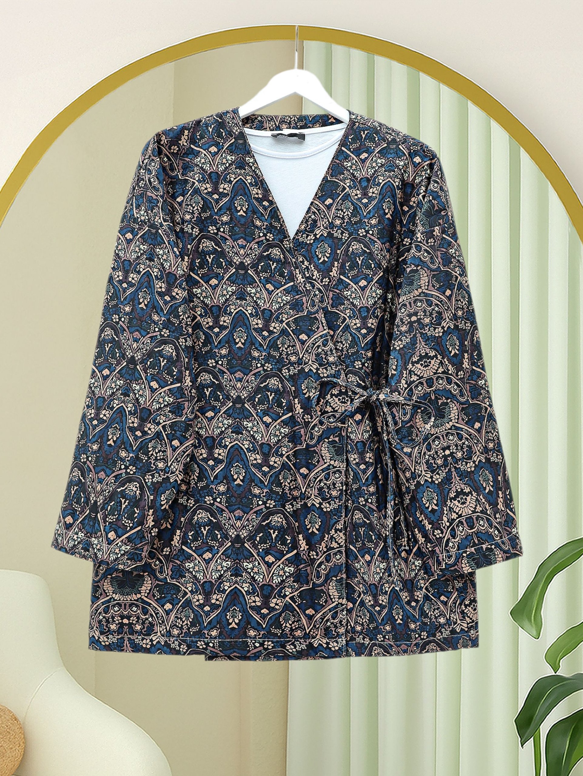Beli Bağlamalı Cepli Desenli Astarlı Kapitone Kimono -Laci