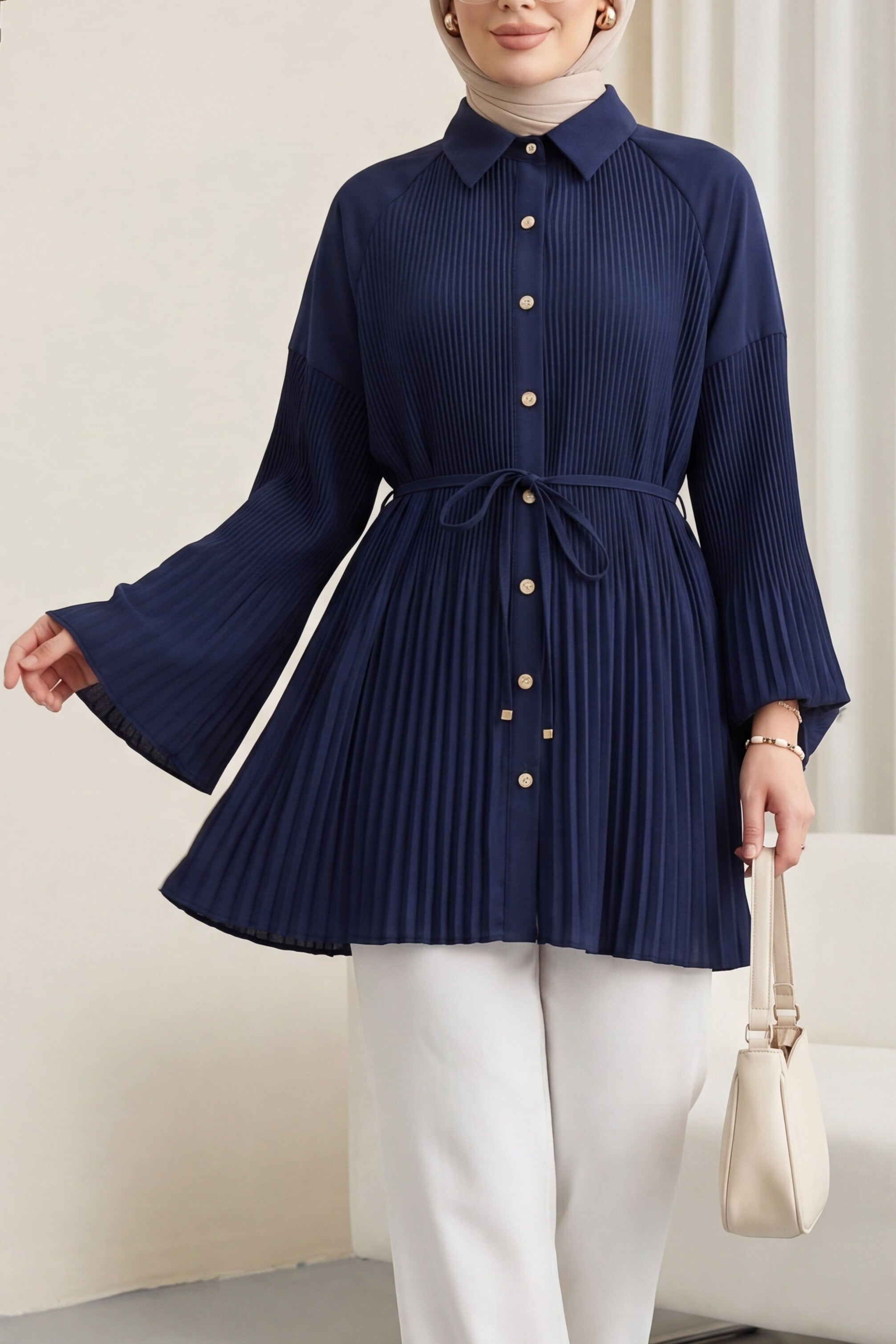 Beli Bağlamalı Taşlı Düğmeli Pliseli Poplin Tunik -Lacivert
