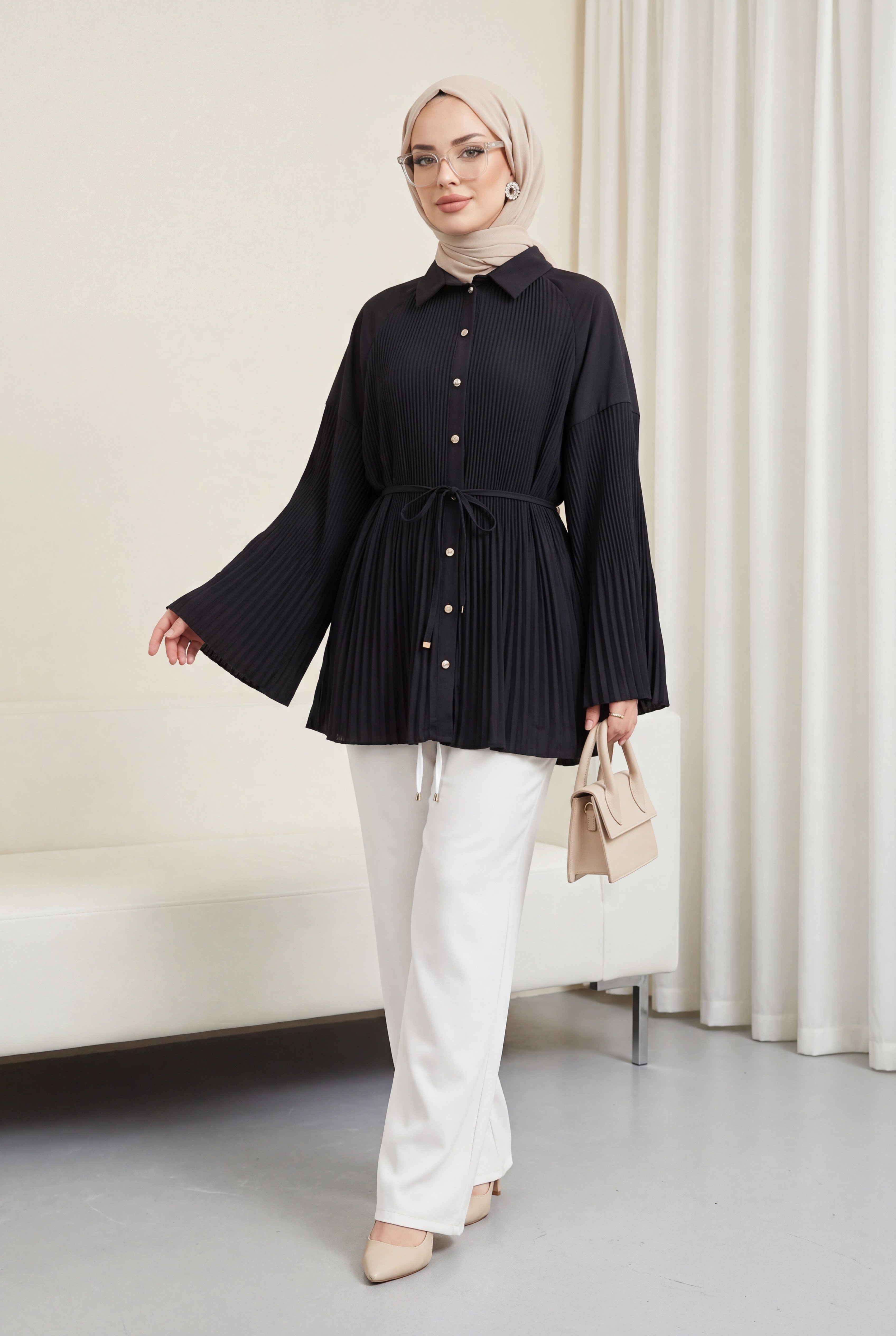Beli Bağlamalı Taşlı Düğmeli Pliseli Poplin Tunik -Siyah