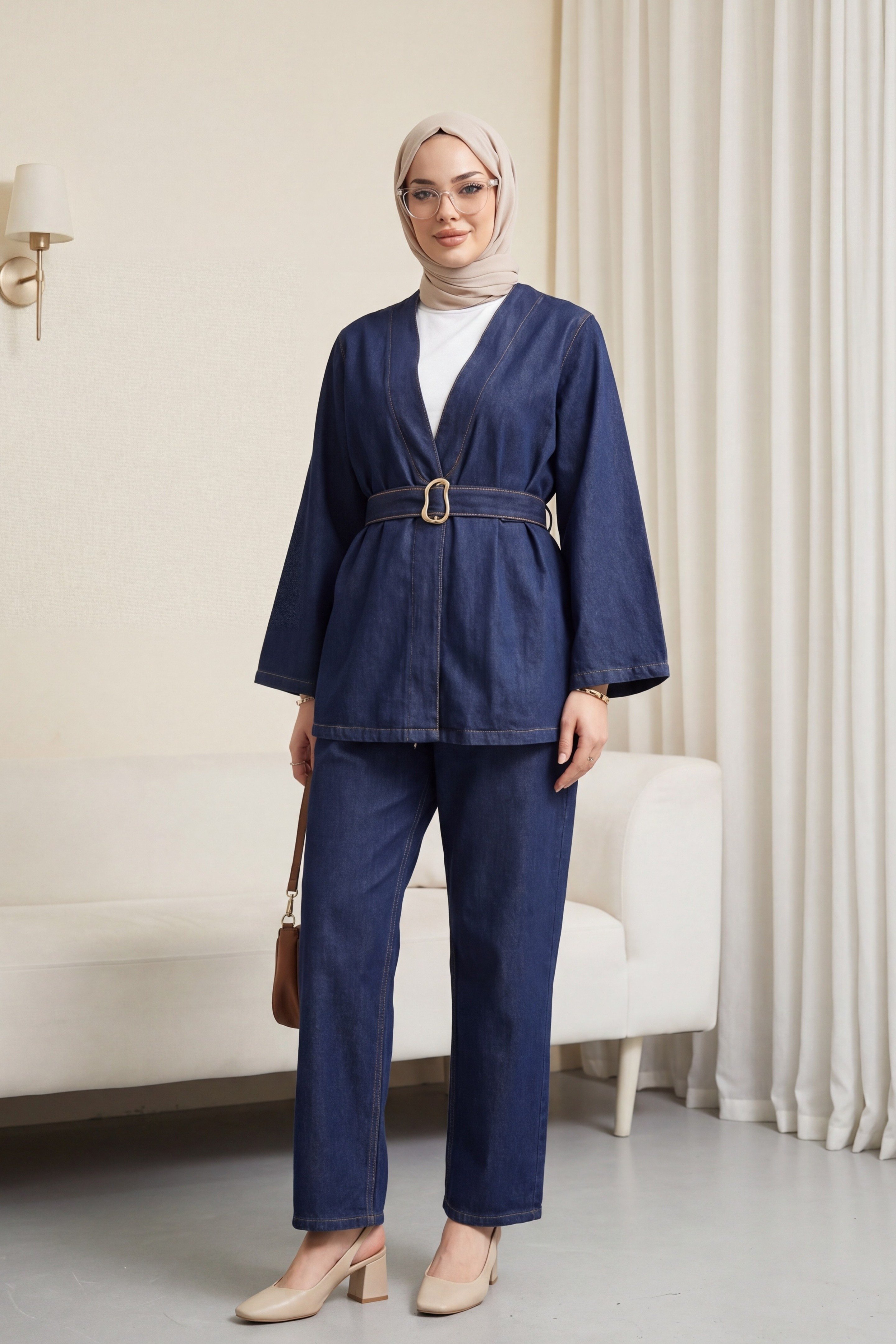 Beli Kemerli Pantolonlu Kot Kimono Takım -Koyu Lacivert