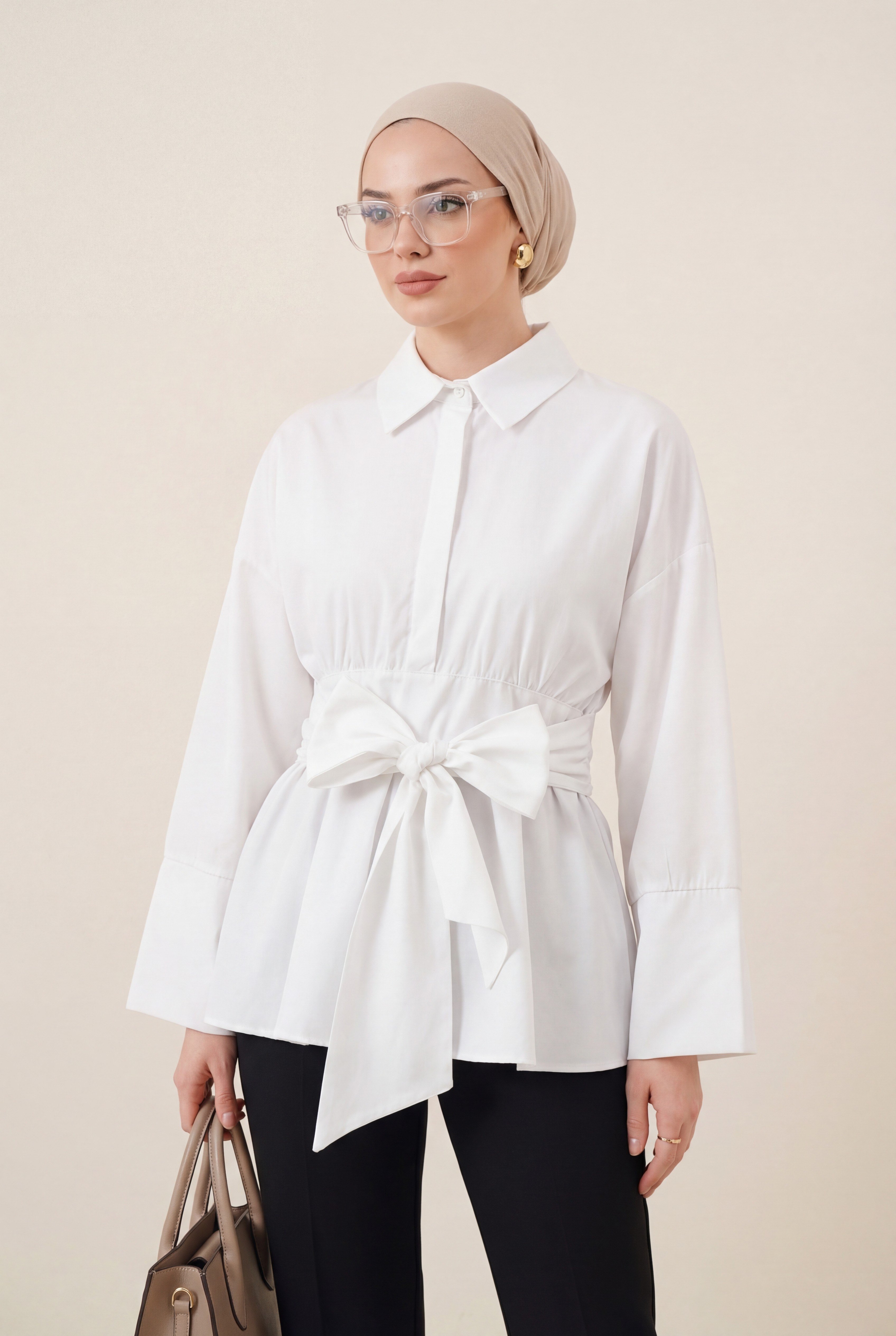 Beli Korsajlı Gizli Patlı Kuşaklı Poplin Tunik -Beyaz
