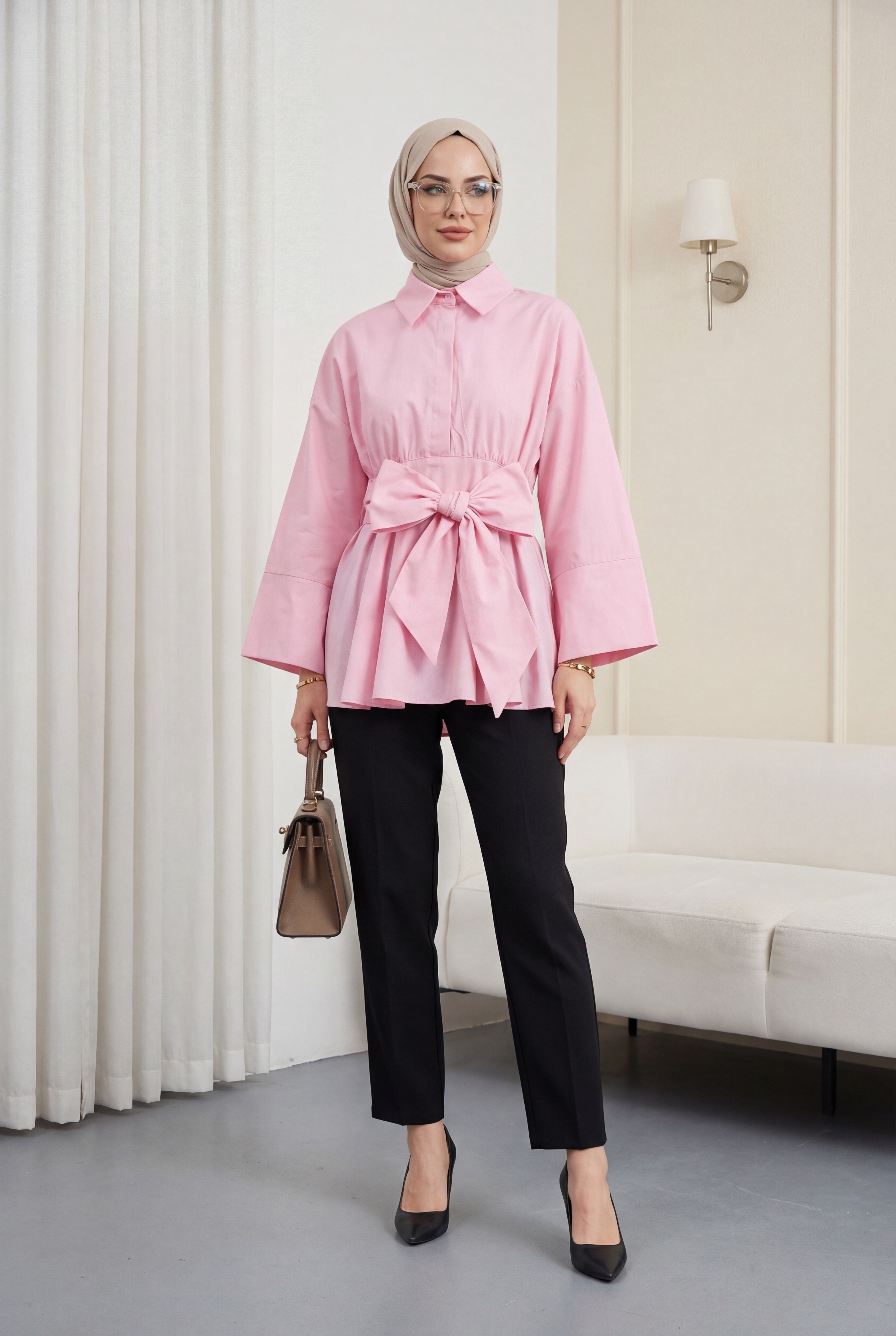 Beli Korsajlı Gizli Patlı Kuşaklı Poplin Tunik -Pembe