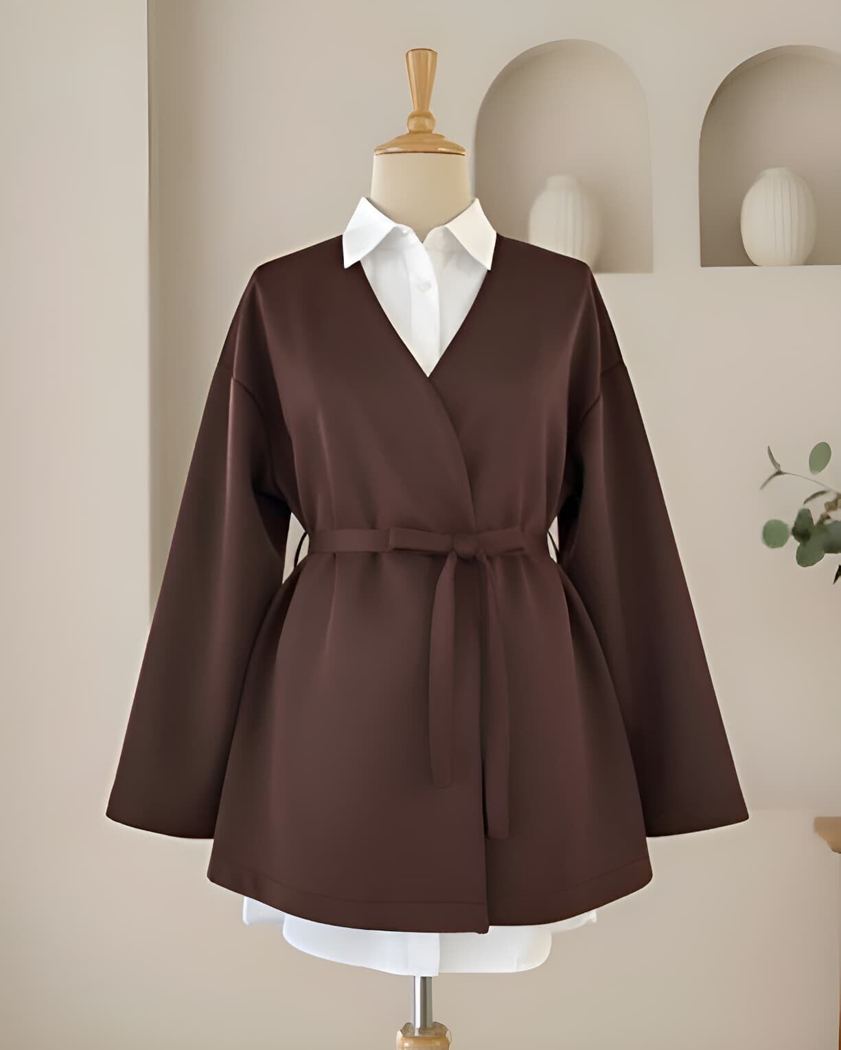 Beli Kuşaklı V Yaka  Scuba Kimono  -Kahve