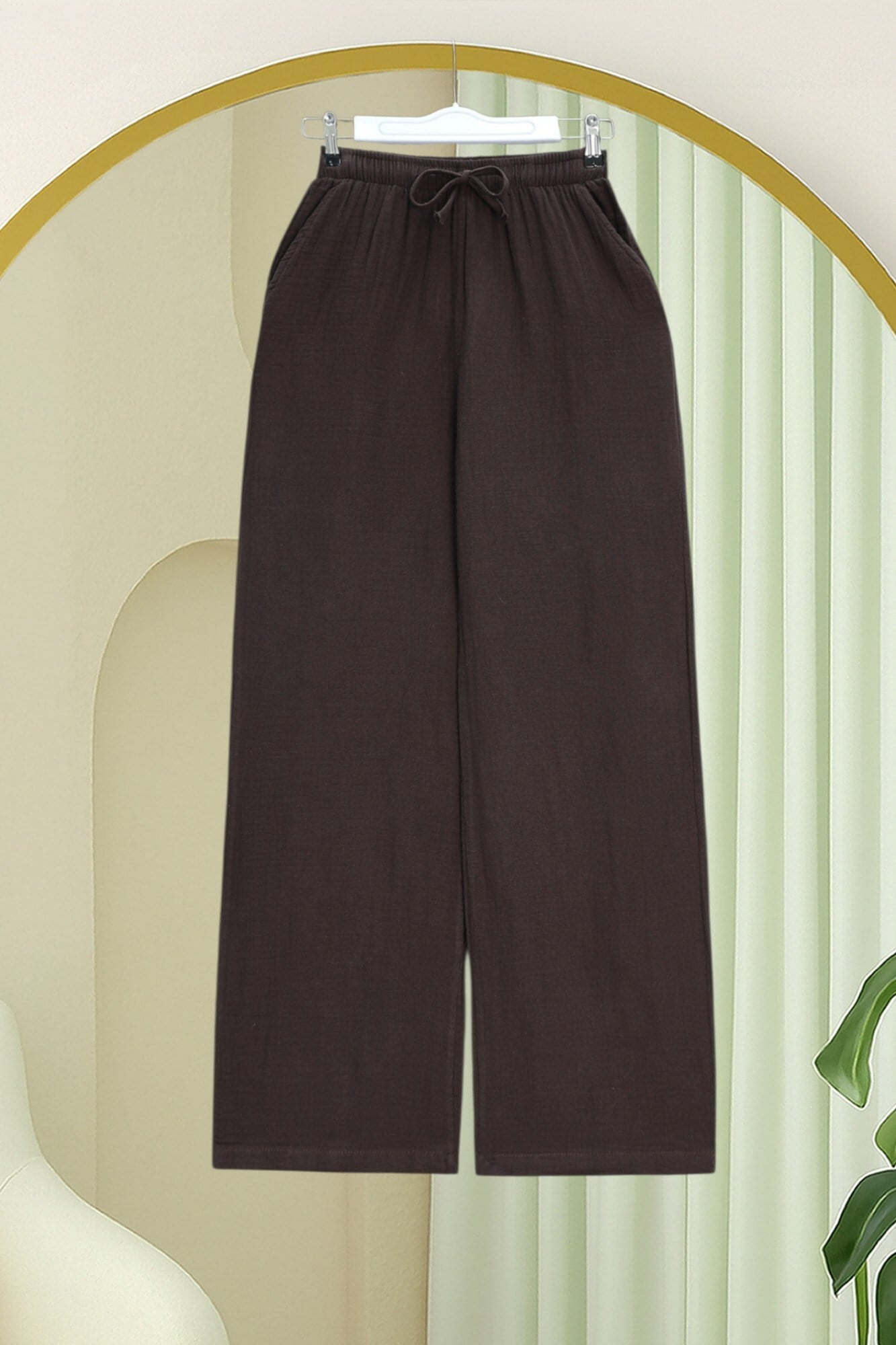 Beli Lastikli Bağcıklı Bol Paça Müslin Pantolon  -Kahverengi