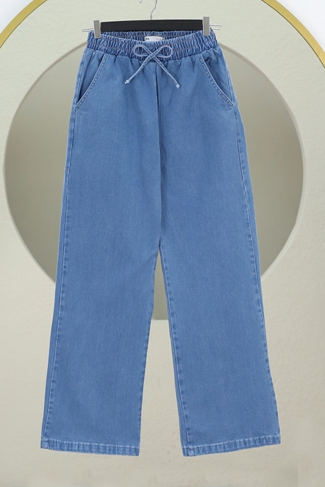 Beli Lastikli Cepli Bol Paça Kot Pantolon -Mavi