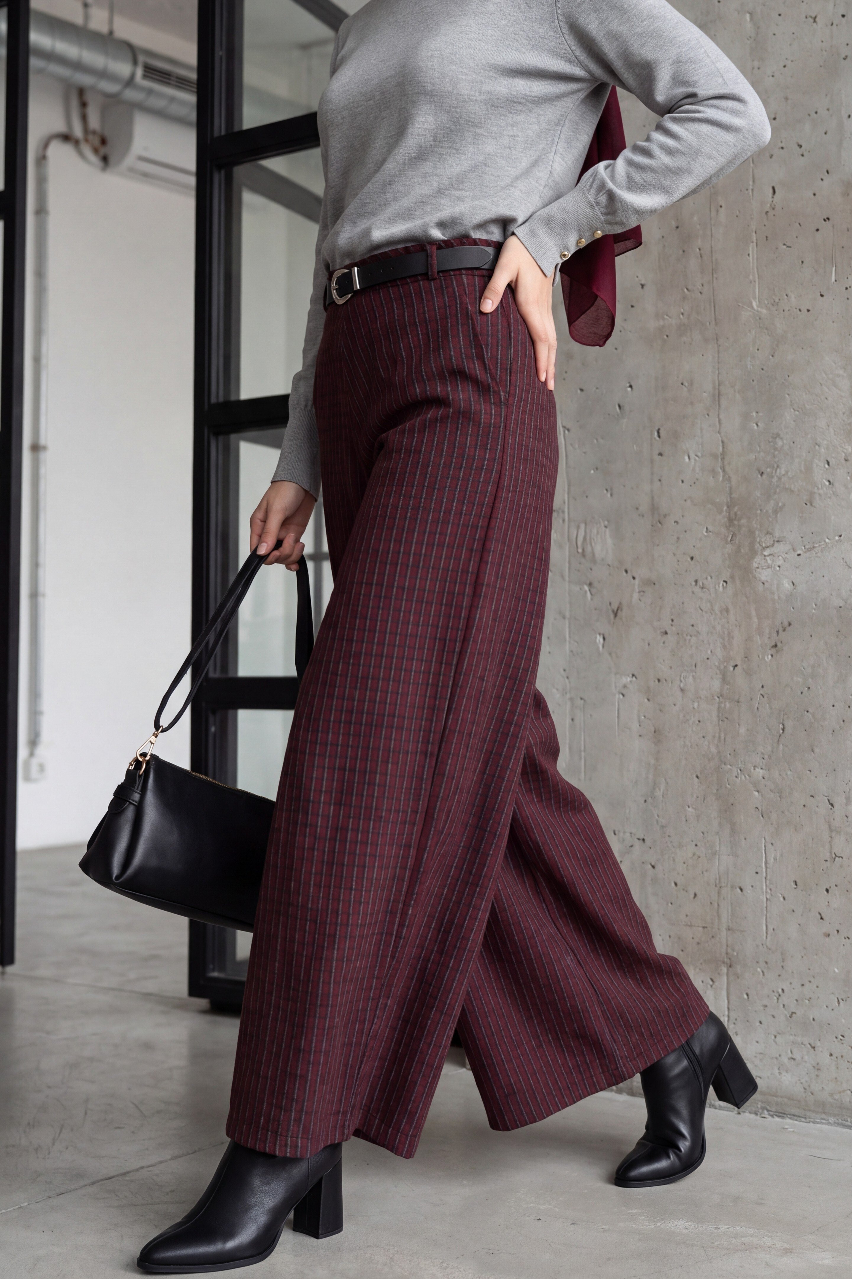 Beli Lastikli Kemerli Kaşmir Ekose Pantolon Etek -Bordo