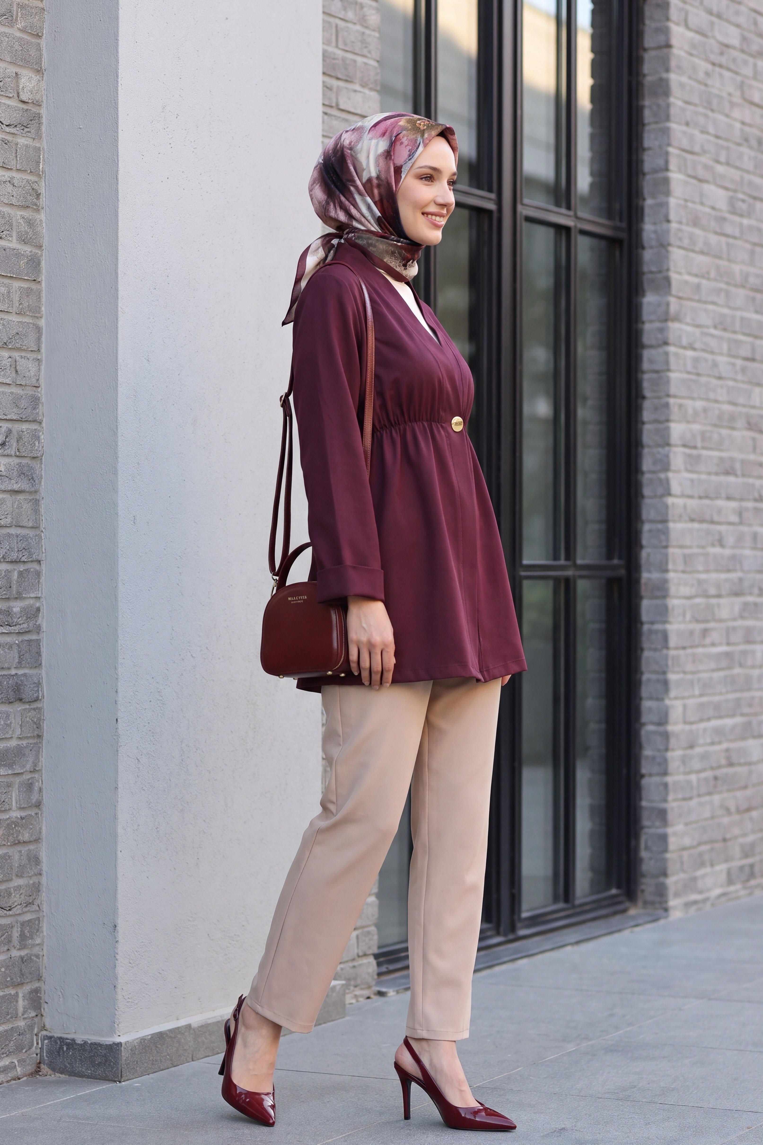 Beli Lastikli Kolu Katlamalı Tek Düğmeli Krep Kimono -Mürdüm