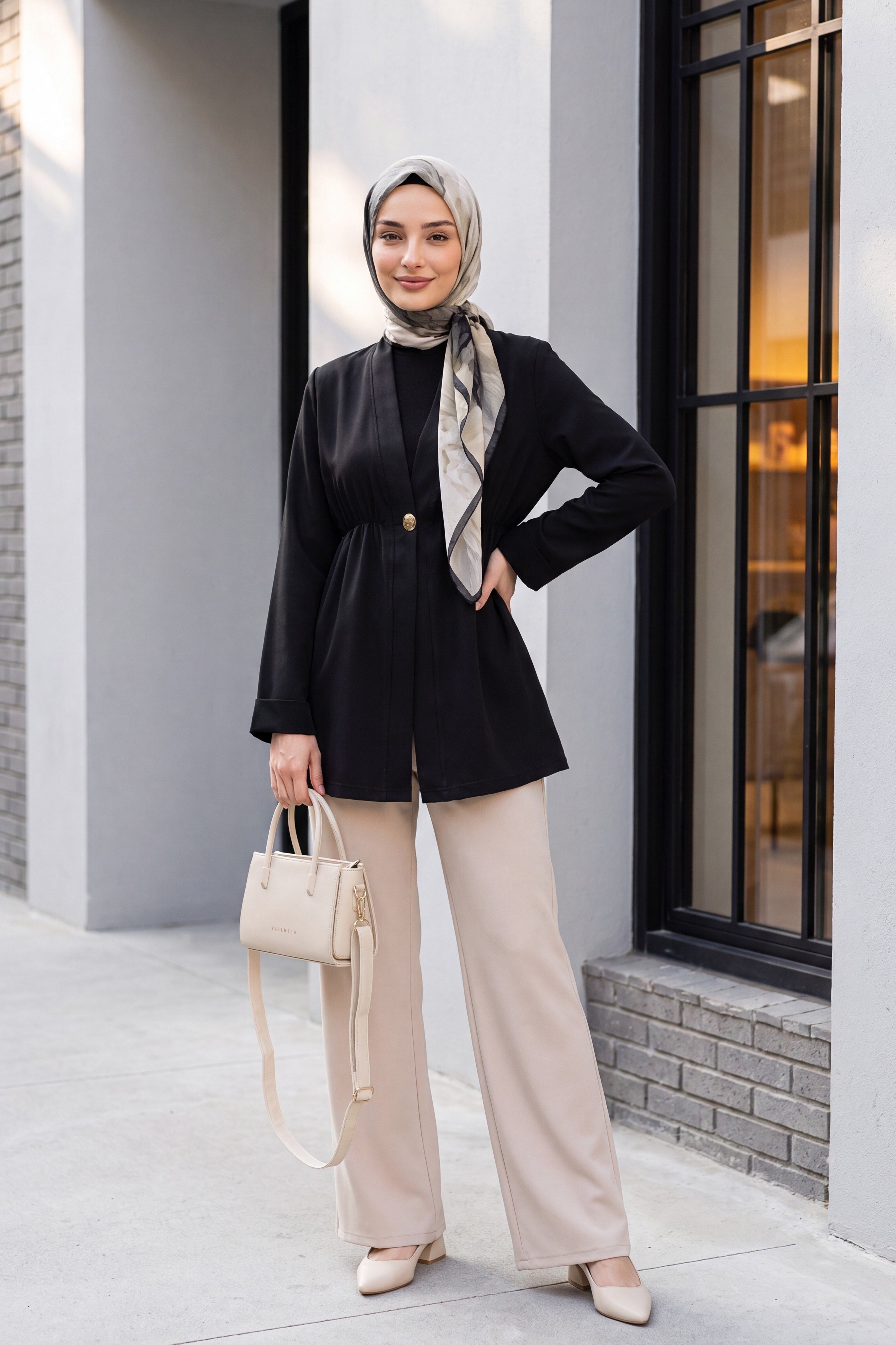 Beli Lastikli Kolu Katlamalı Tek Düğmeli Krep Kimono -Siyah