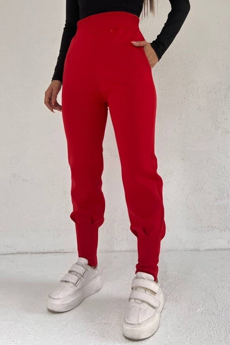 Beli Lastikli Paçası Dikişli Cepli Scuba Pantolon -Kırmızı