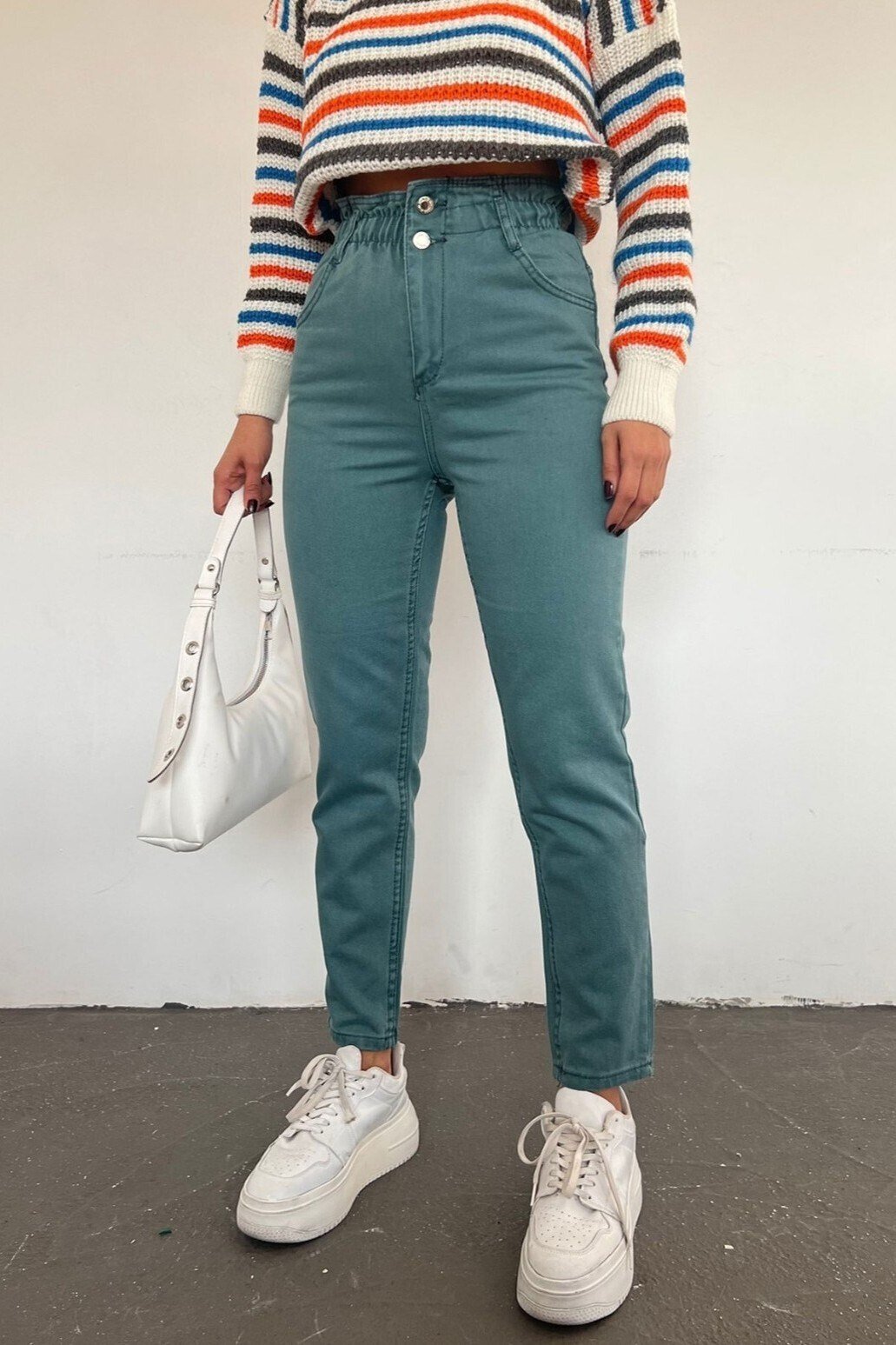 Beli Lastikli Yüksek Bel Kot Pantolon    -Mint