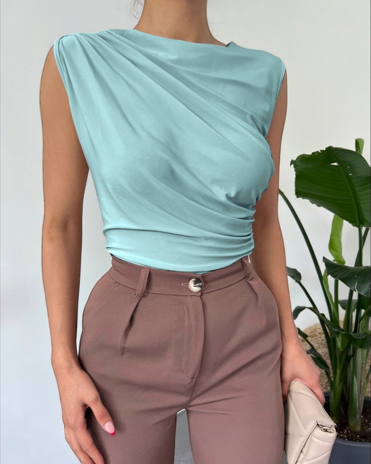 Bisiklet Yaka Sıfır Kol Sandy Bluz  -Mint