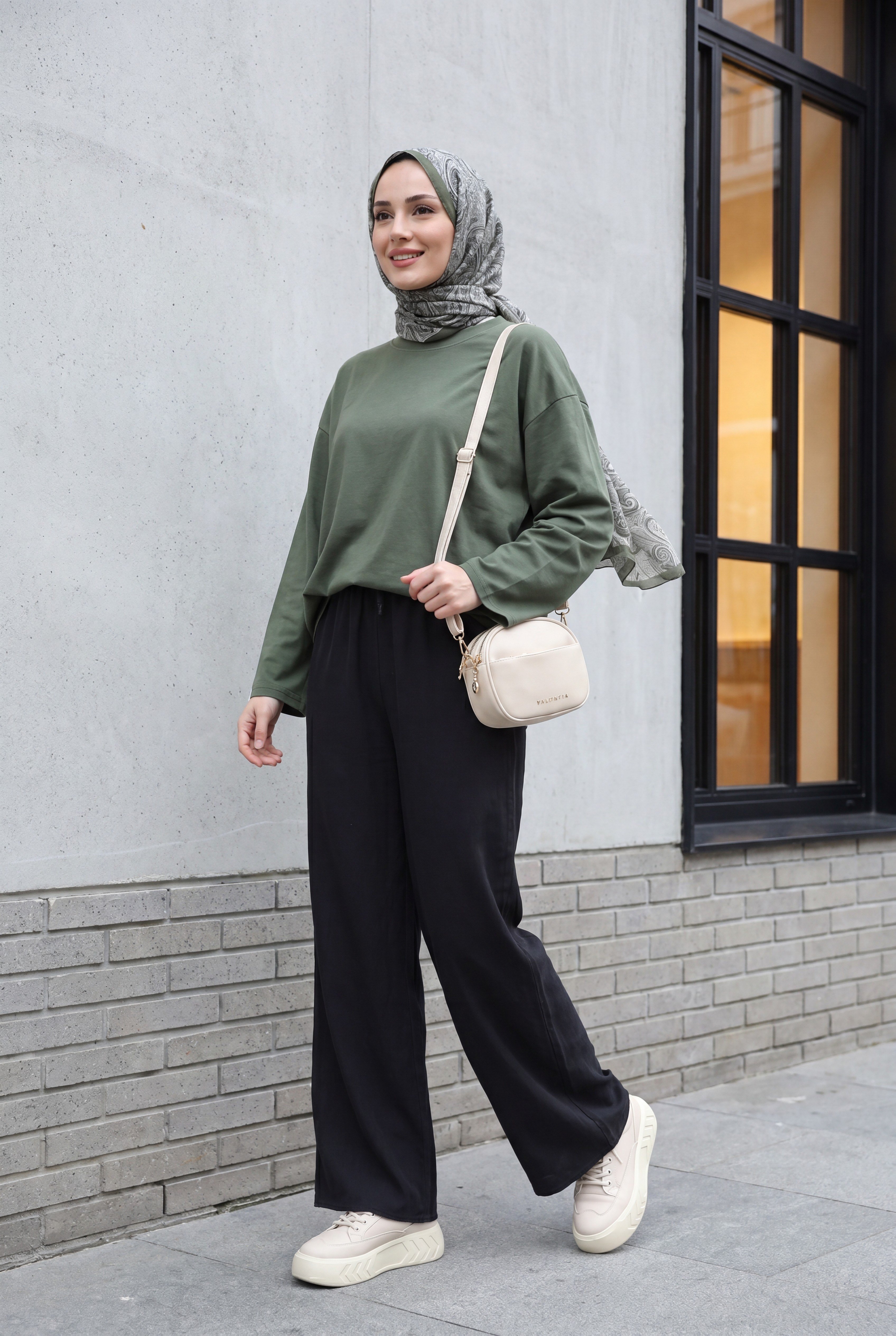 Bisiklet Yaka Uzun Kollu Oversize Penye Sweat -Haki