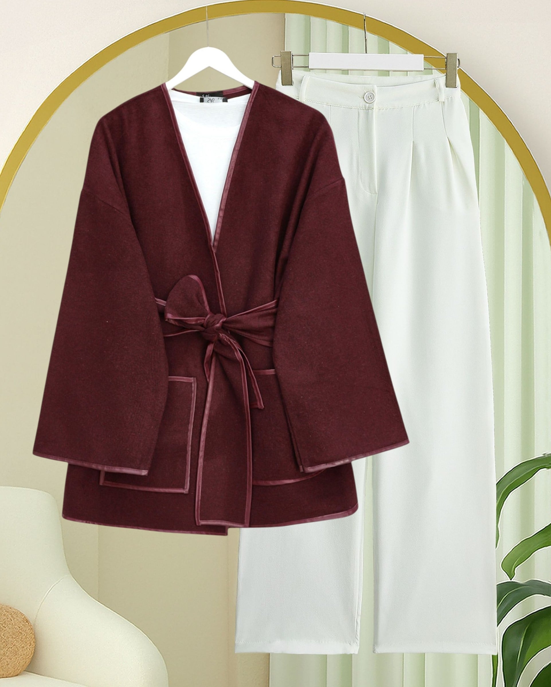 Biye Detaylı Çift Cepli Kuşaklı Kaşe Kimono -Bordo