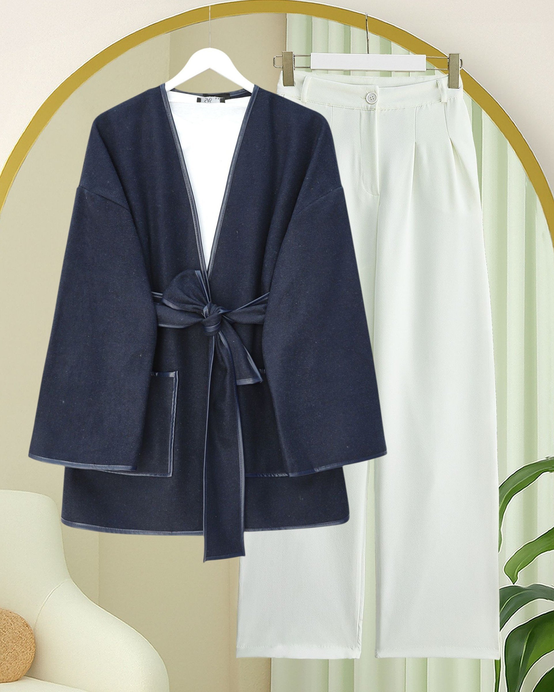 Biye Detaylı Çift Cepli Kuşaklı Kaşe Kimono -Laci