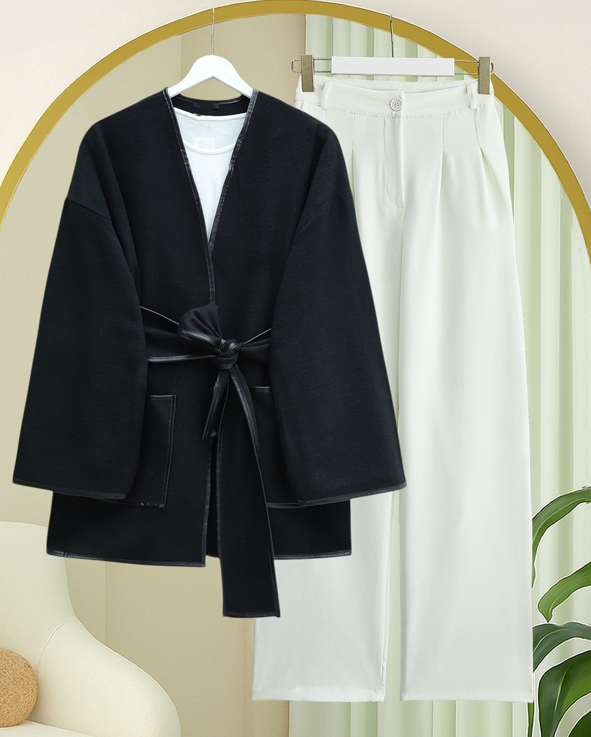 Biye Detaylı Çift Cepli Kuşaklı Kaşe Kimono -Siyah