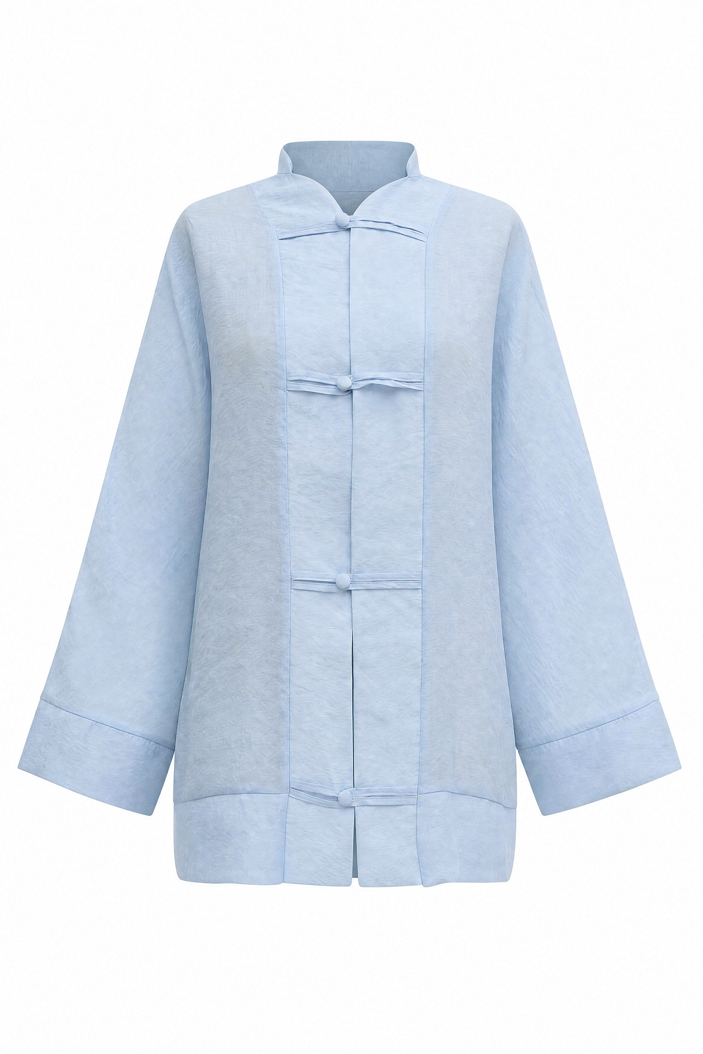 Biye Düğmeli V Yaka Organze Vual Oversize Kimono -Bebe Mavi