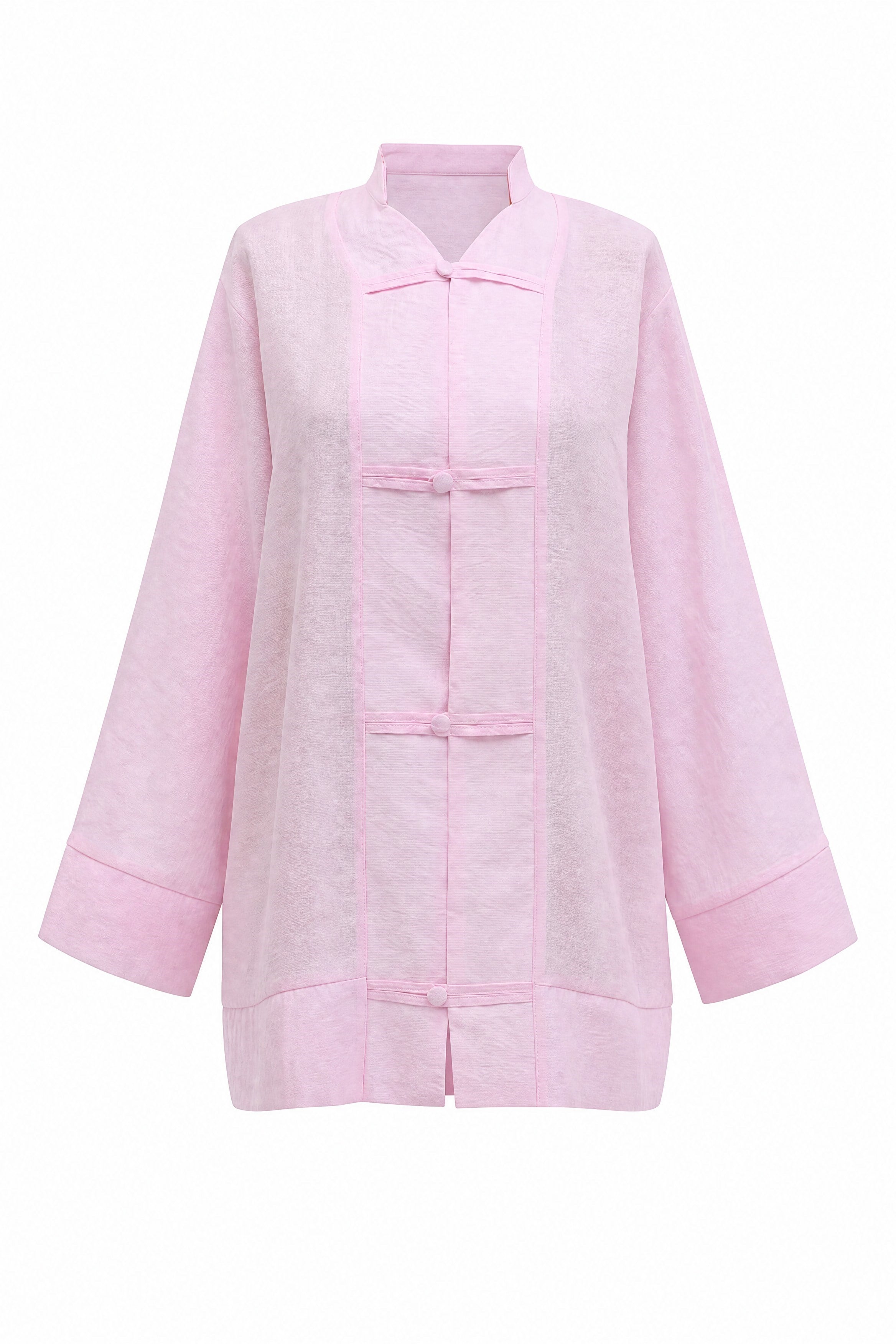Biye Düğmeli V Yaka Organze Vual Oversize Kimono -Pembe