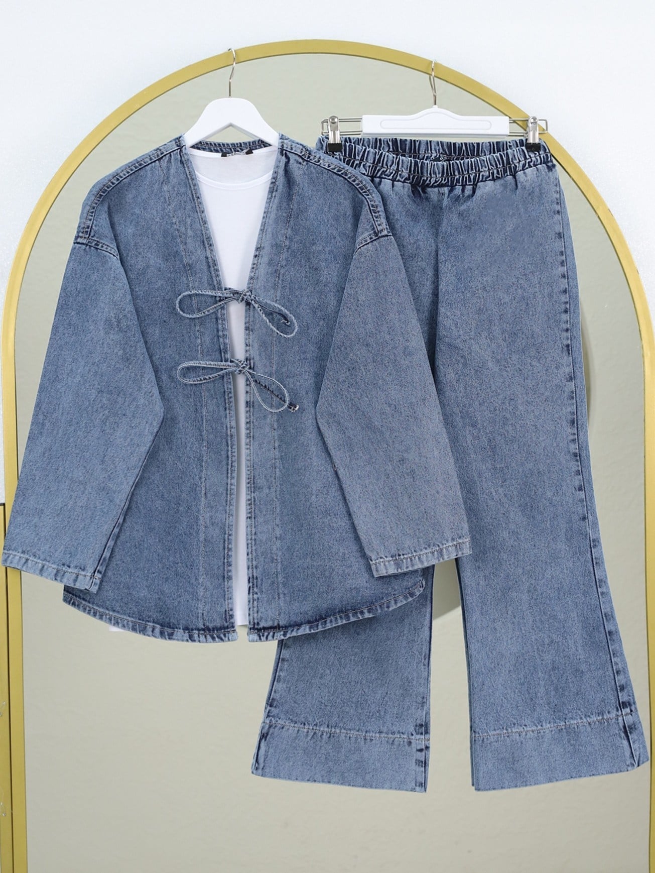 Bol Paça Pantolonlu Önü Bağlamalı Kot Kimono Takım -Buz Mavi