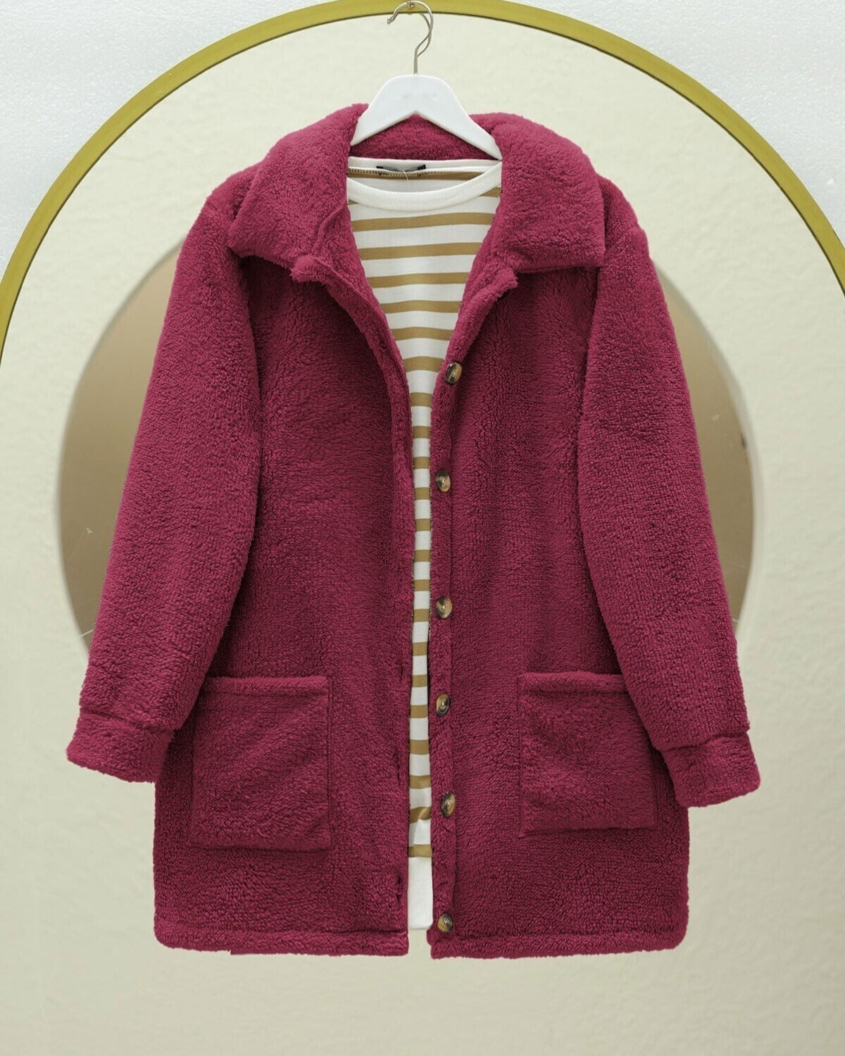 Boydan Düğmeli Cepli Pelüş Ceket   -Bordo