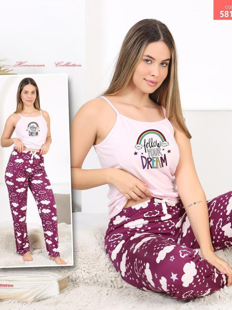 Bulut Desenli İp Askılı Pijama Takımı -Pudra