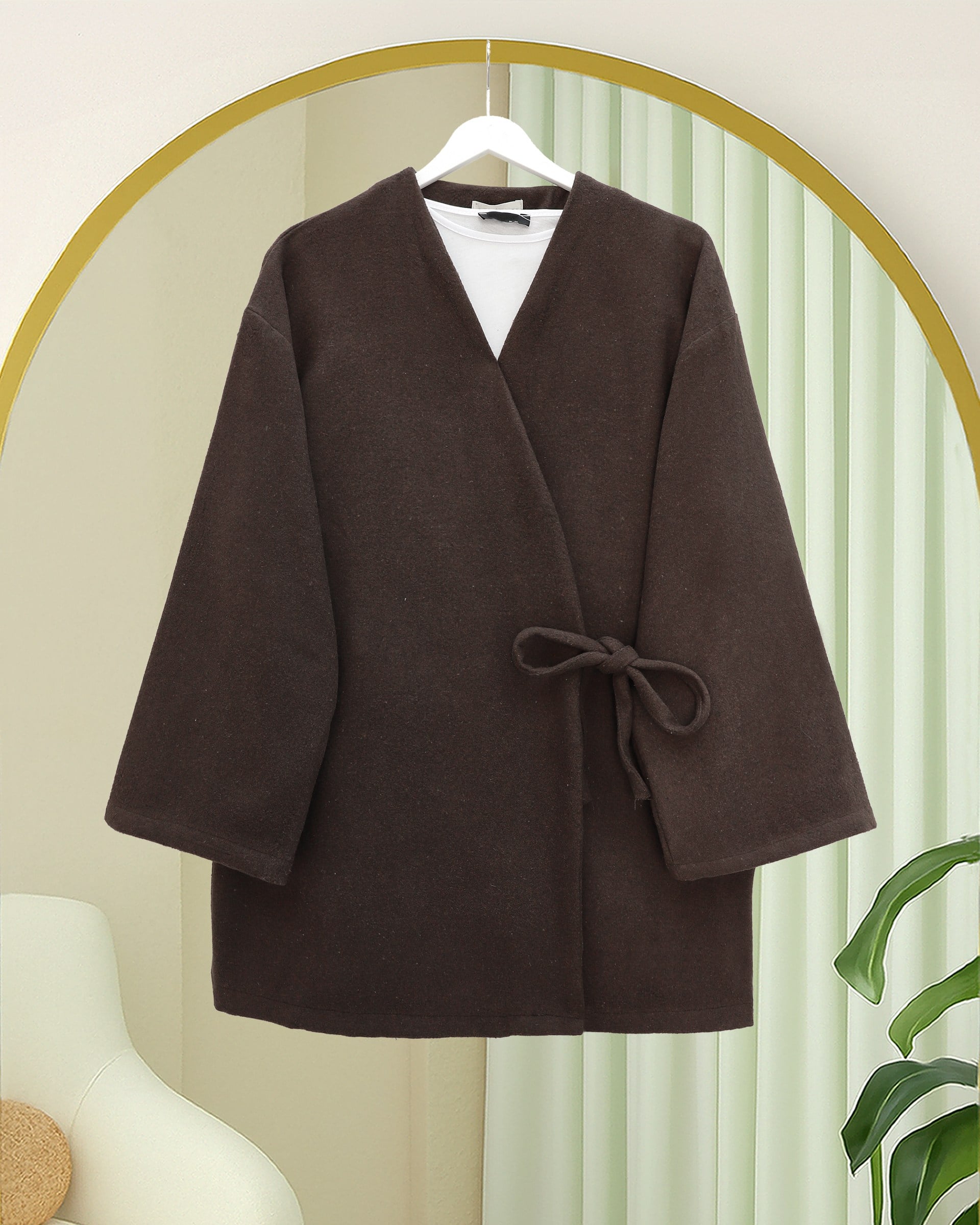 Çapraz Bağlamalı Kaşe Kimono -Kahve