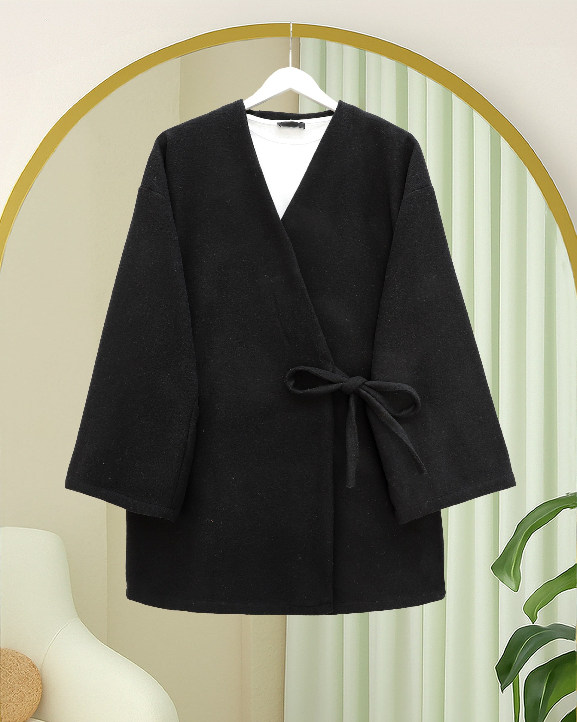 Çapraz Bağlamalı Kaşe Kimono -Siyah
