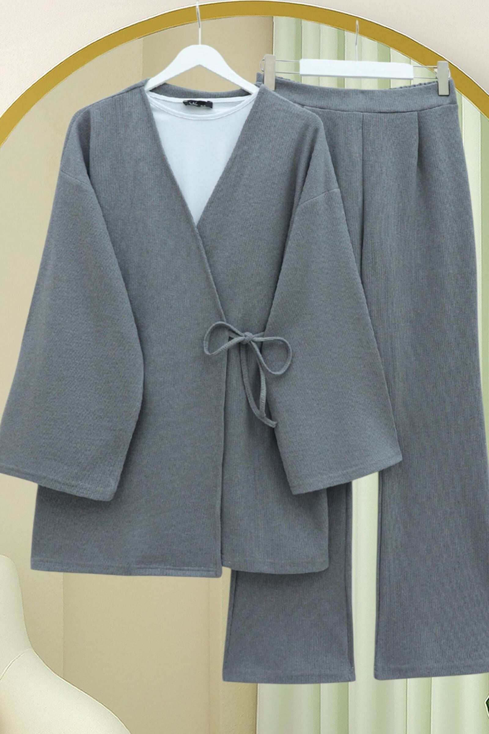 Çapraz Bağlamalı Selanik Kimono Takım -Gri