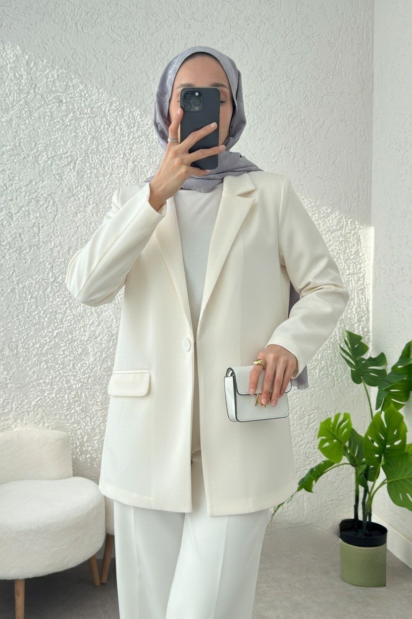 Cepli Tek Düğmeli Likralı Ceket  -Krem
