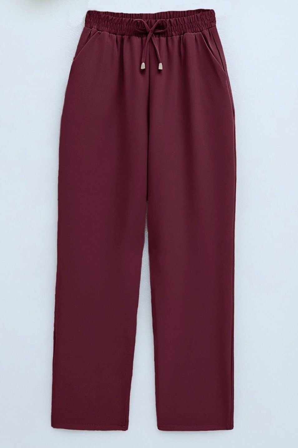Çift Cepli Beli Lastikli Bağcık Detaylı Pantolon  -Bordo